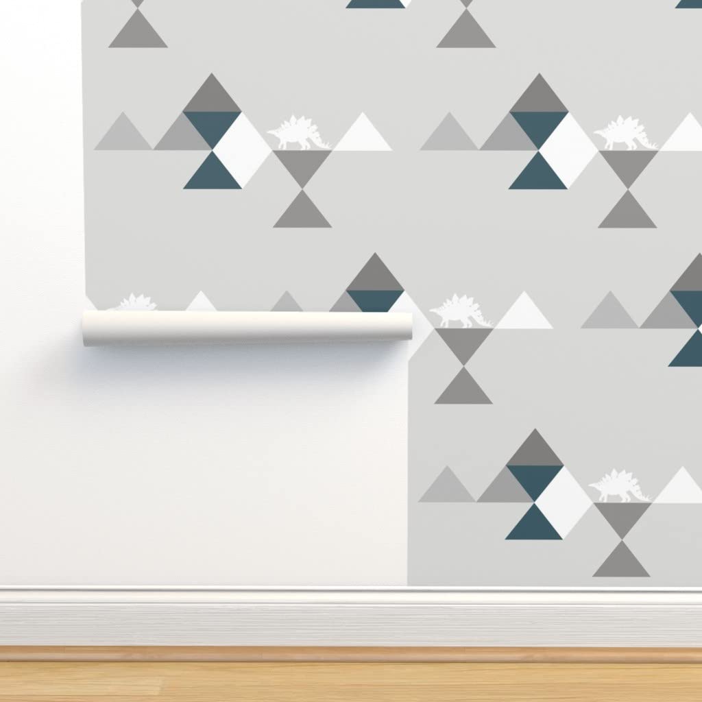 Removable Peel and Stick Wallpaper 12ft x 2ft - Geometric Navy Dinosaur Stegosaurus Pattern with Gray Triangles, Gender Neutral Nursery Decor | Perfect for Kids' Rooms, Playrooms, and DIY Home Decor Projects