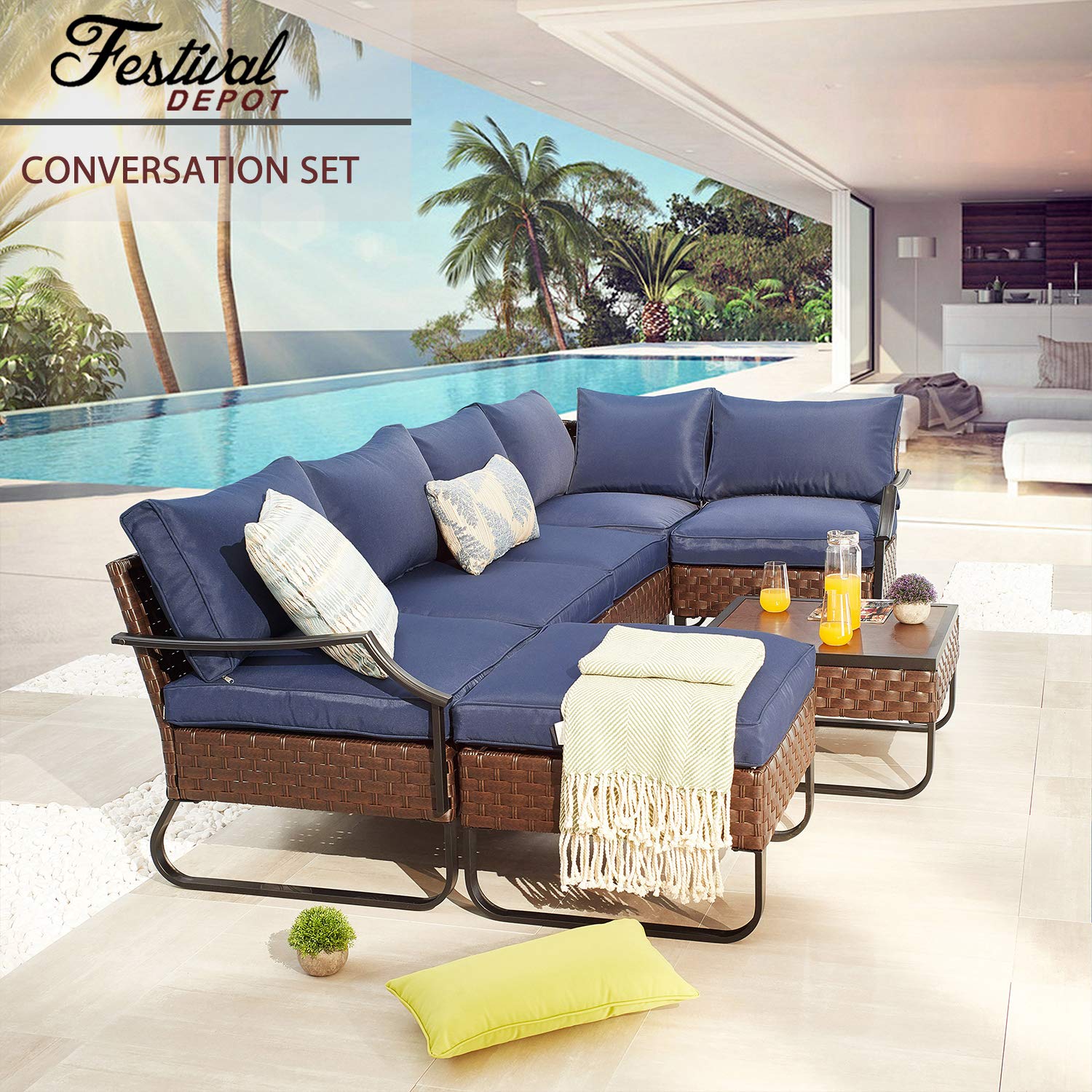 7-Piece Outdoor Patio Furniture Set - All-Weather Wicker Conversation Sofa with Coffee Table & Removable Cushions (Blue) - Perfect for Backyard, Garden, Poolside and Deck Relaxation