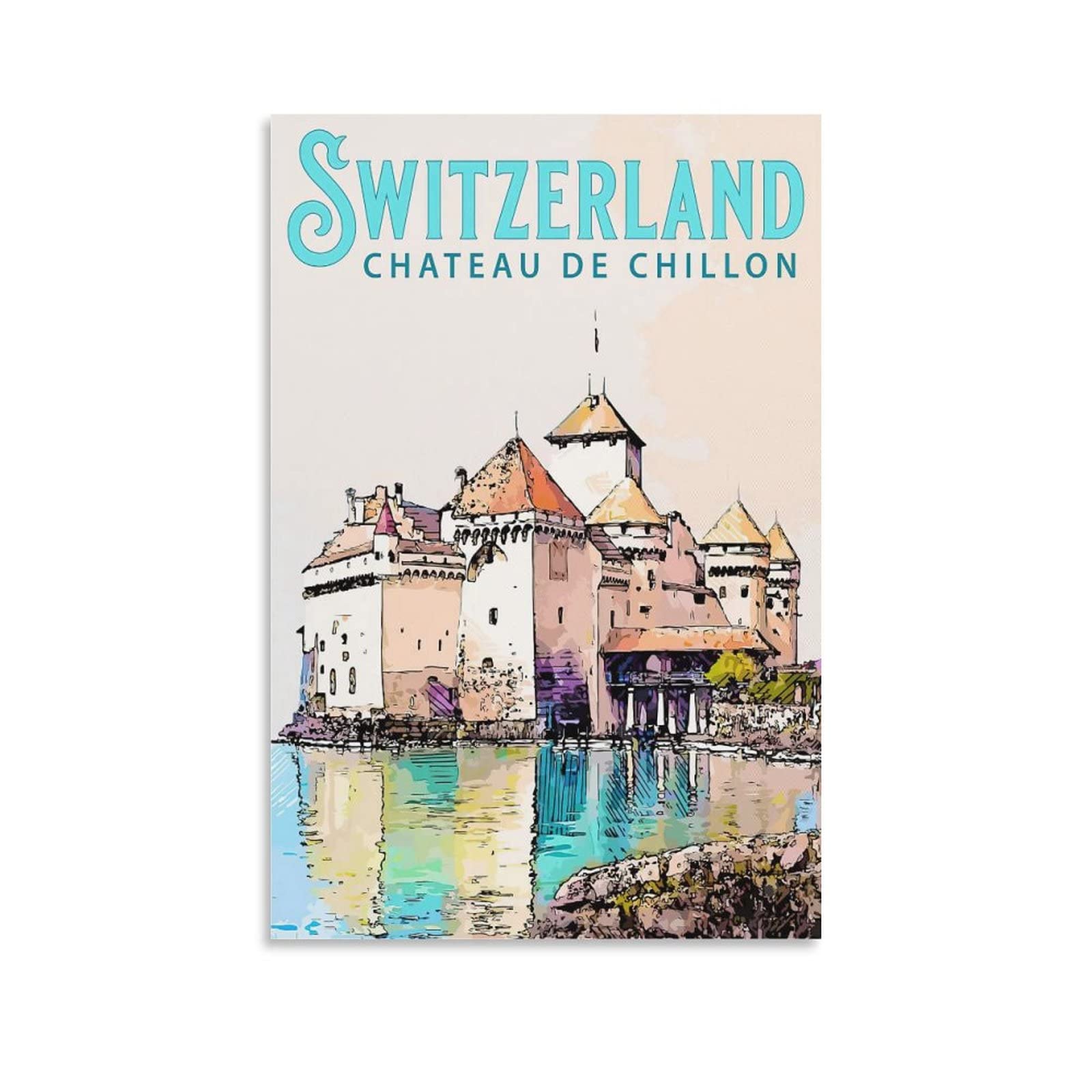 Vintage Switzerland Chateau De Chillon Travel Poster - Stone River House Canvas Wall Art Print (12x18 inches, 30x45cm) - Perfect for Living Room, Bedroom & Office Decor | Home Wall Decorations & Interior Design