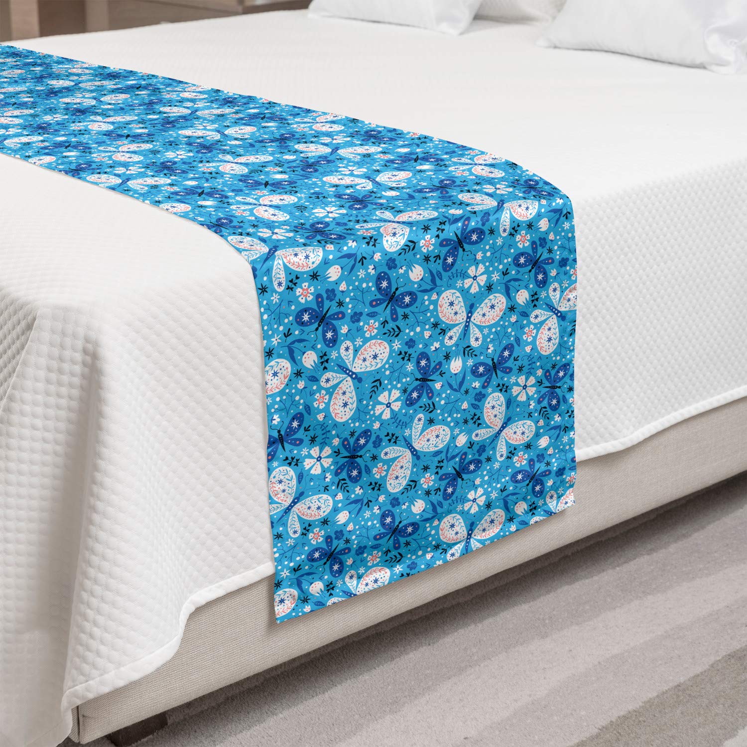 Ambesonne Floral Butterfly Bed Runner - King Size Spring Nature Design Decorative Bed Scarf in Azure Blue & Coral | Perfect for Hotels, Homes & Guestrooms | Adds Elegance to Bedroom Decor for Weddings, Spring Refresh & Cozy Home Styling