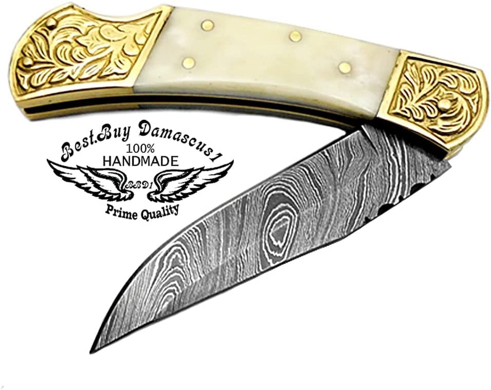 Handmade Damascus Folding Pocket Knife with Camel Bone Handle - 7.5