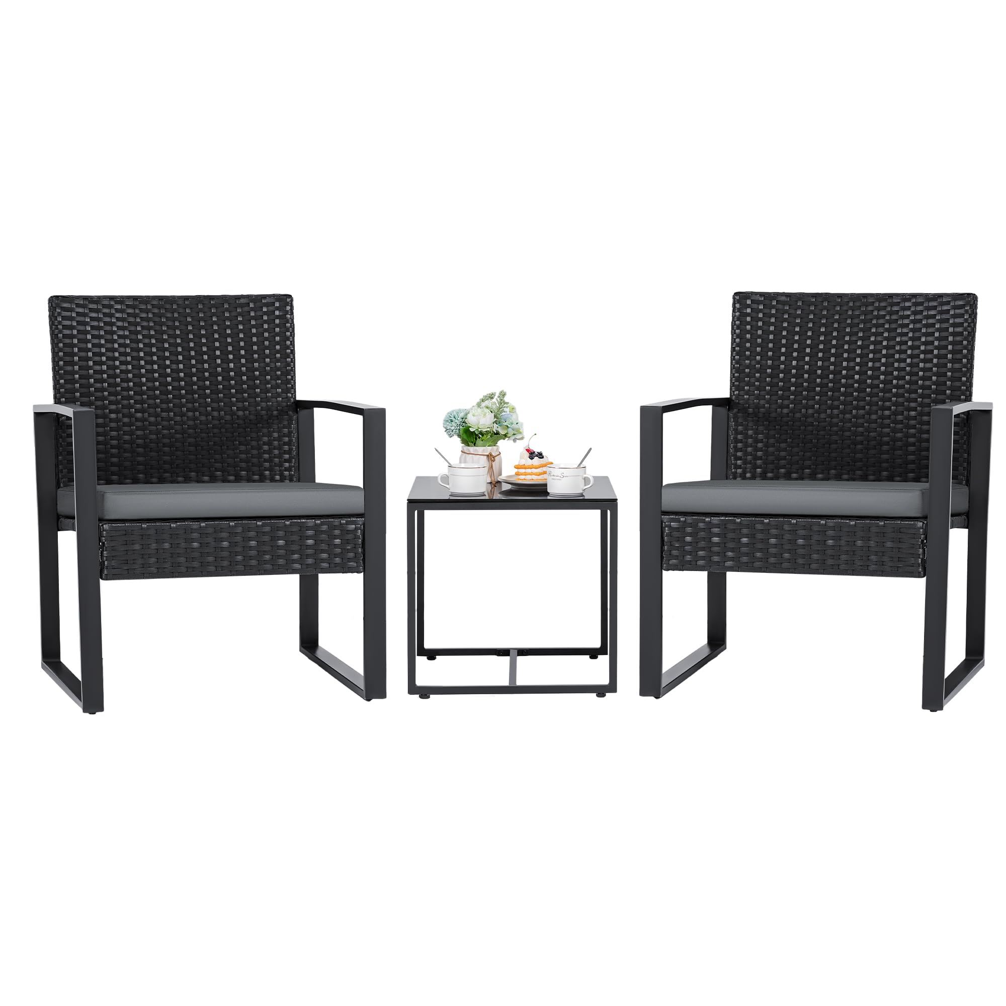Flamaker 3-Piece Patio Set - Modern Outdoor Wicker Furniture with Rattan Chairs & Coffee Table - Grey Bistro Conversation Set for Backyard, Garden, or Balcony Relaxation