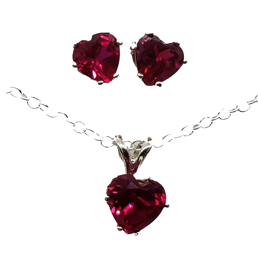 Ruby Heart Sterling Silver Earring and Necklace Set - Romantic Gift for Valentine's Day, Anniversary, or Birthday - Perfect for Date Nights and Special Occasions
