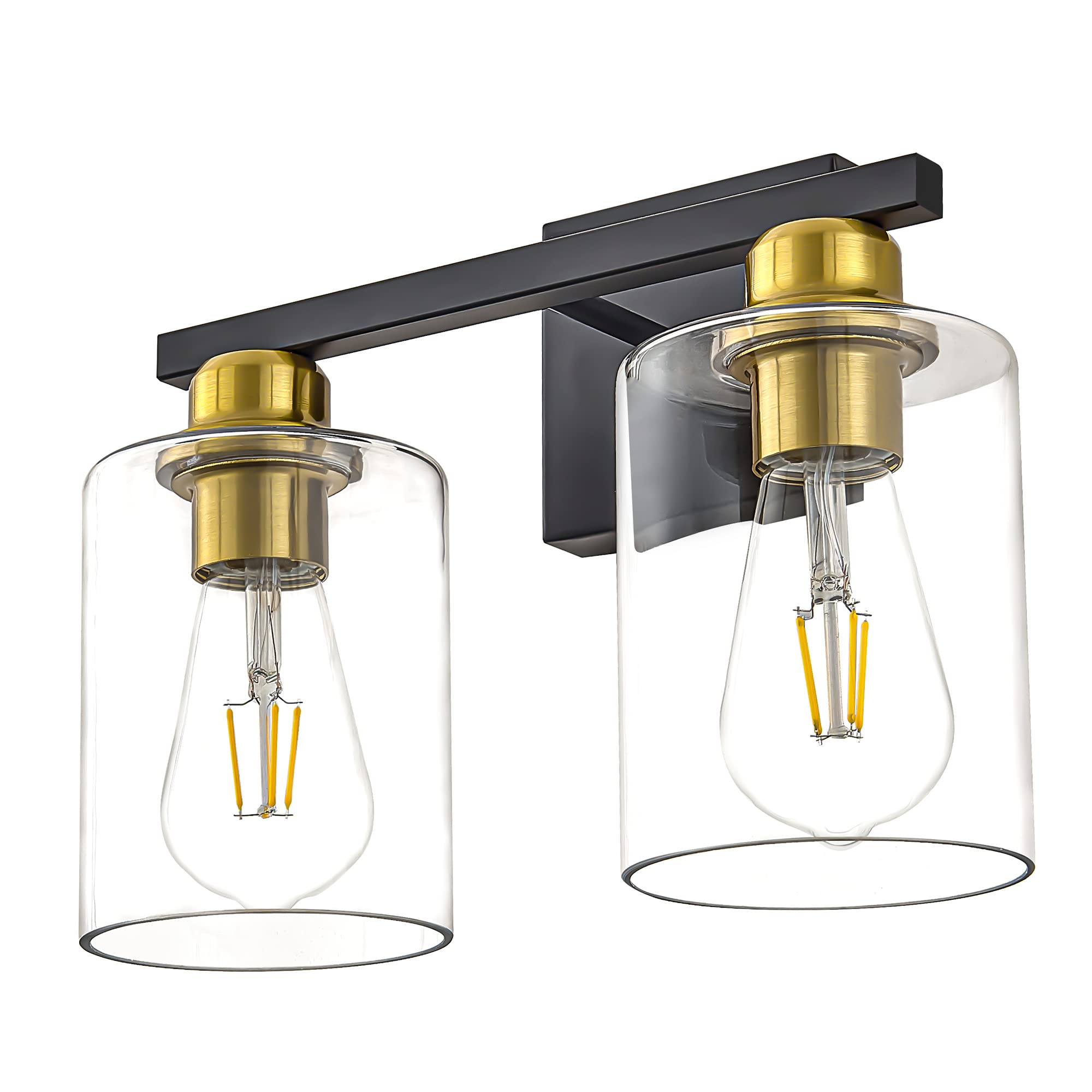 Reaketon 2-Light Modern Bathroom Vanity Wall Sconce - Matte Black & Brushed Gold Finish with Clear Glass Shade - Perfect for Bathroom, Powder Room & Dressing Room Lighting