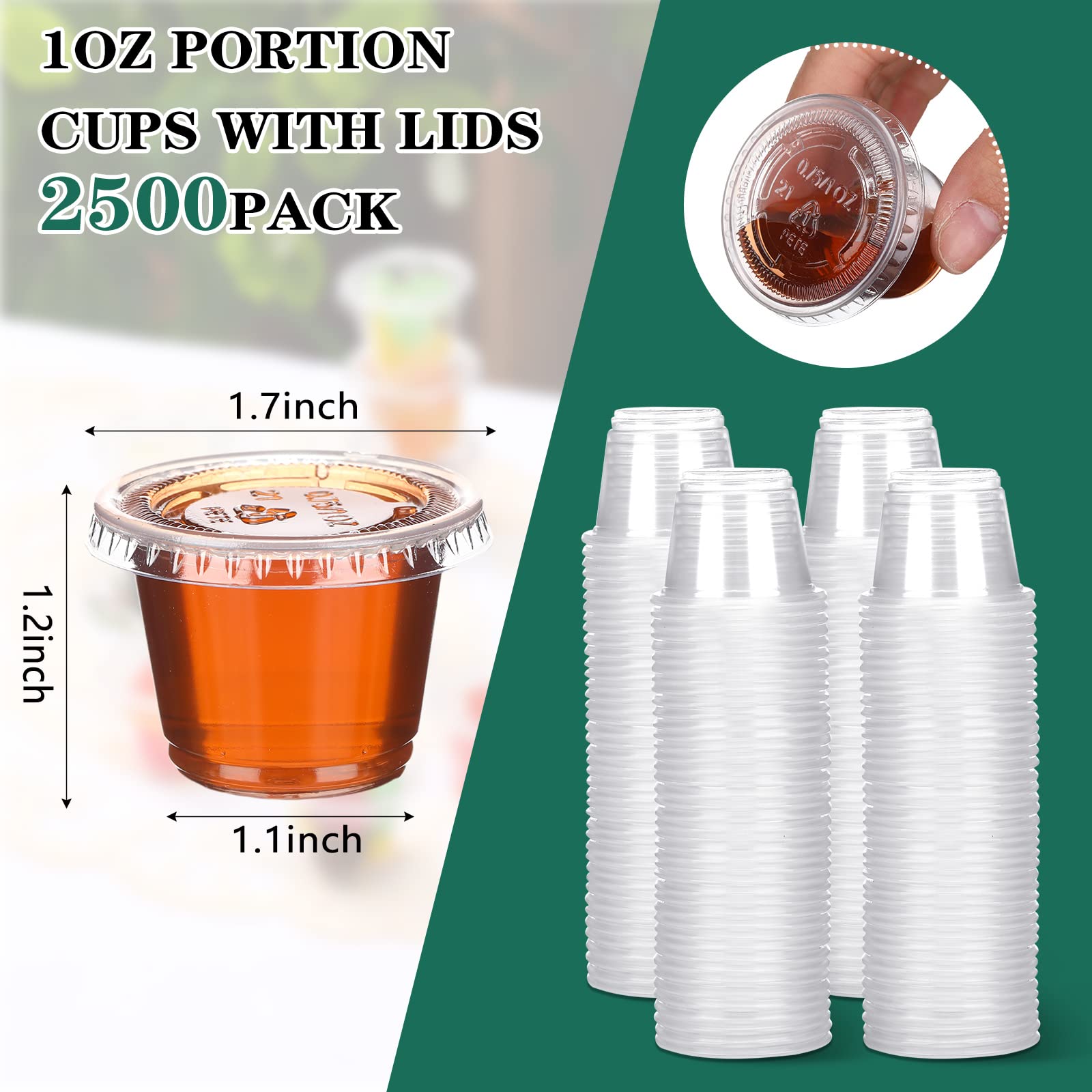 Bokon 2500-Pack 1 oz Clear Plastic Portion Cups with Lids - Airtight Condiment, Dipping Sauce & Salad Dressing Containers - Stackable Souffle Cups for Lunch Prep, Party Catering, Travel & Picnics