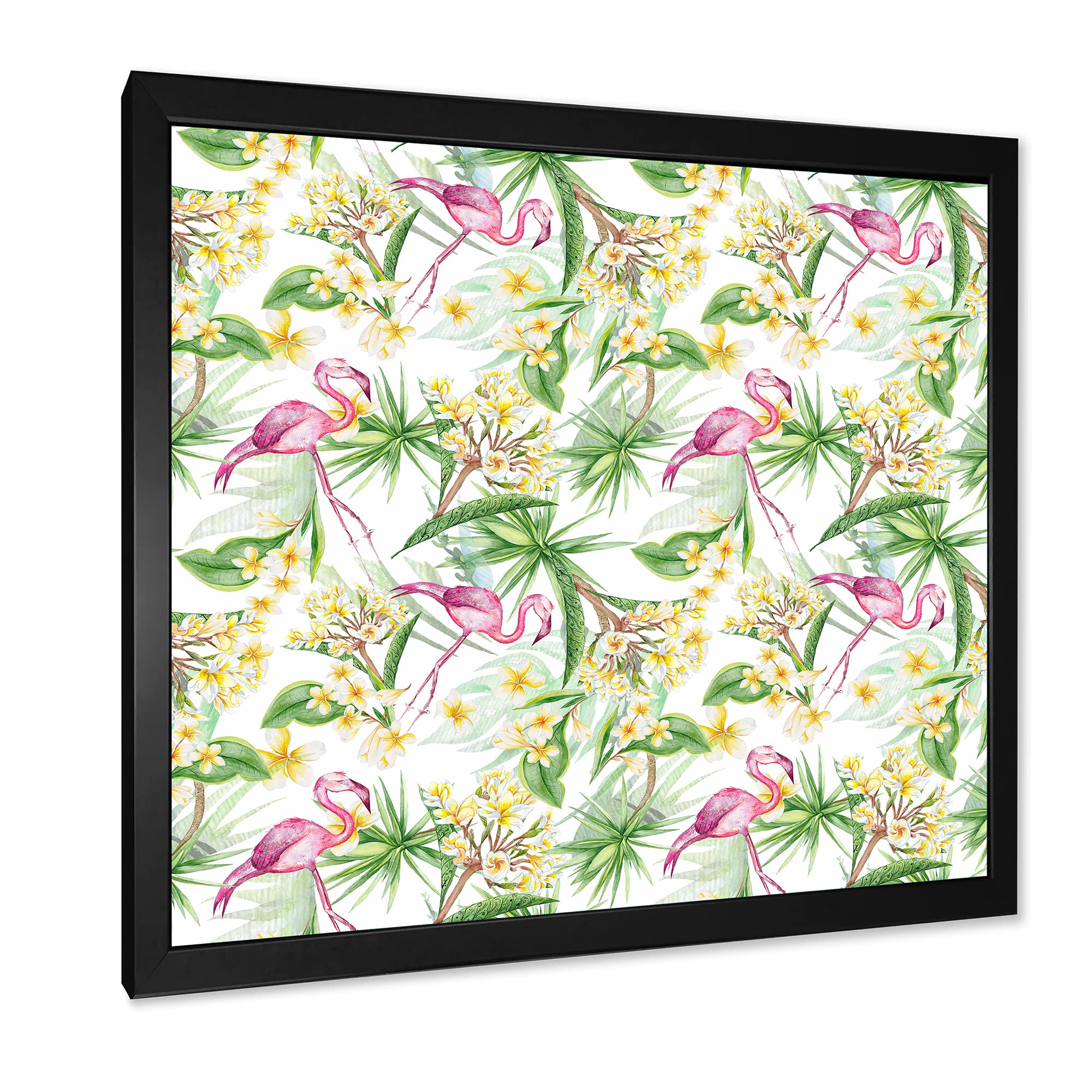 DesignQ Tropical Foliage & Yellow Flowers with Flamingo - Modern Framed Wall Art for Living Room, Bedroom & Office Decor