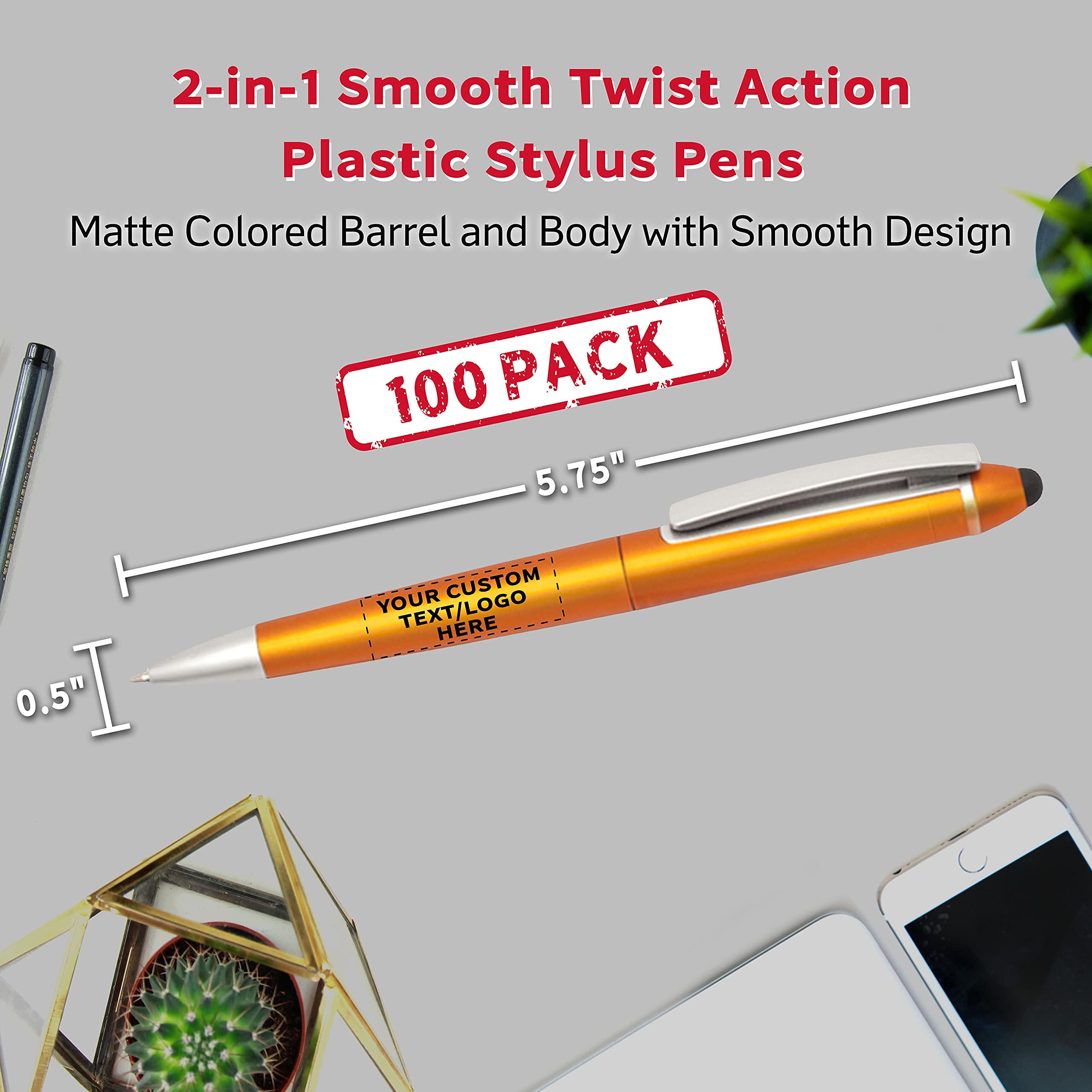 100 Pack Gillette Twist Action Plastic Stylus Pens - Custom Text & Logo Printing - Black Ink Orange Barrel - Bulk Office Supplies for Business Promotions, Trade Shows & Corporate Gifts