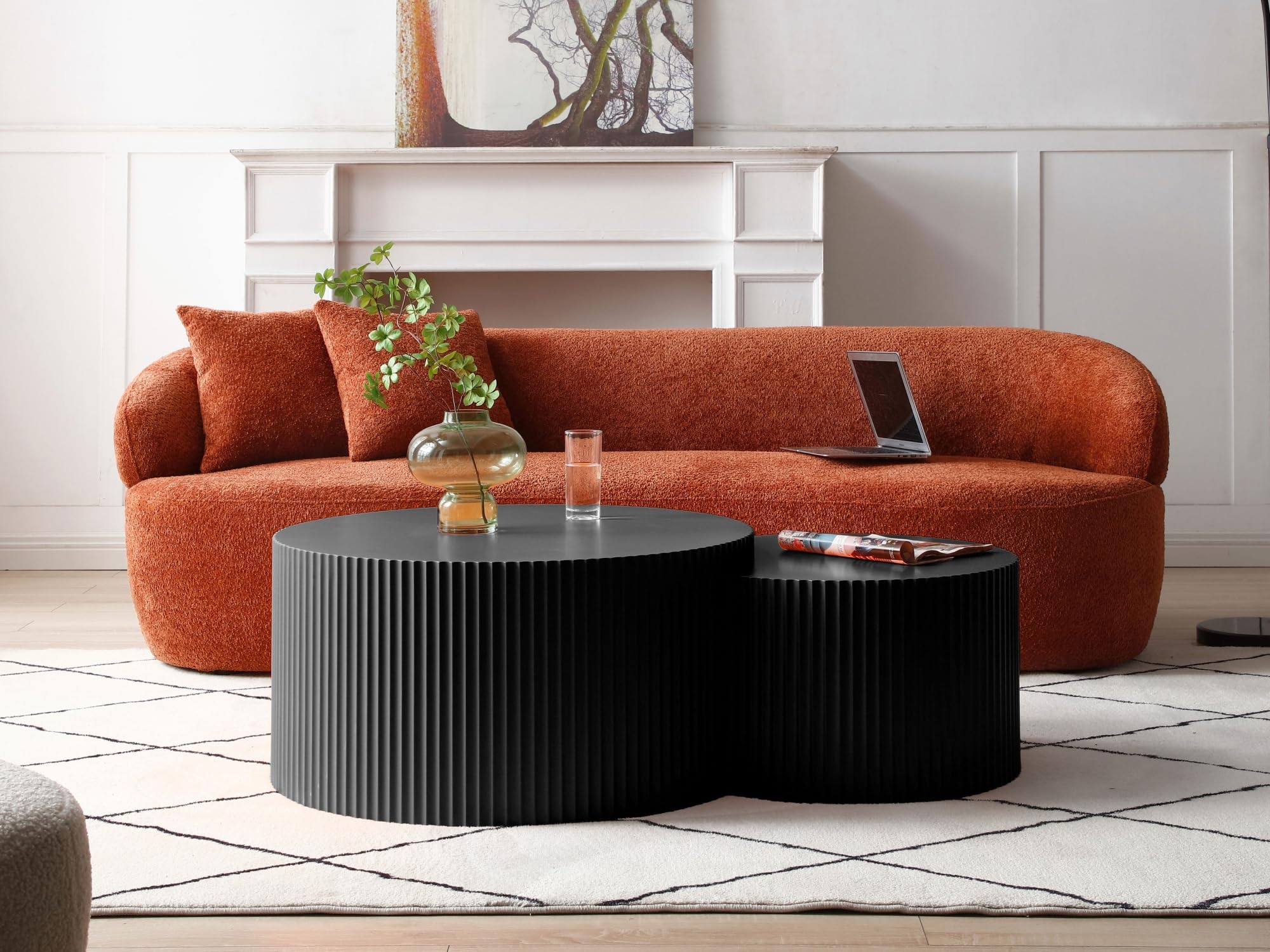 Modern Round Nesting Coffee Table Set of 2 - Crescent Side Tables for Living Room, Matte Black Accent Furniture - Perfect for Small Spaces & Cozy Home Decor