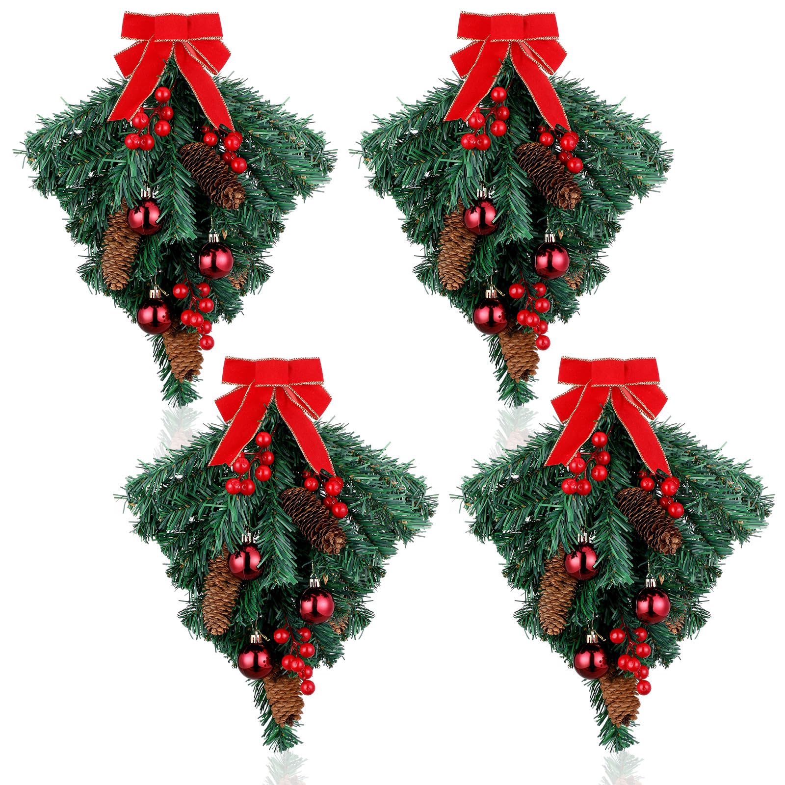 Hiboom 4-Piece Christmas Teardrop Swag Ornament Set - Artificial Berry Clusters with Pine Cones & Red Bow - Indoor/Outdoor Wall Door Hanging Decor for Holiday, Xmas Tree, Fireplace, and Window Decoration