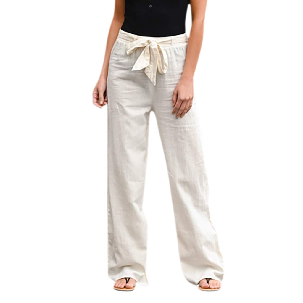 White Linen Pants Suit for Women - Wide Leg Casual Linen Trousers with Bandage Waist | Perfect for Summer, Beach, Office & Vacation Outfits