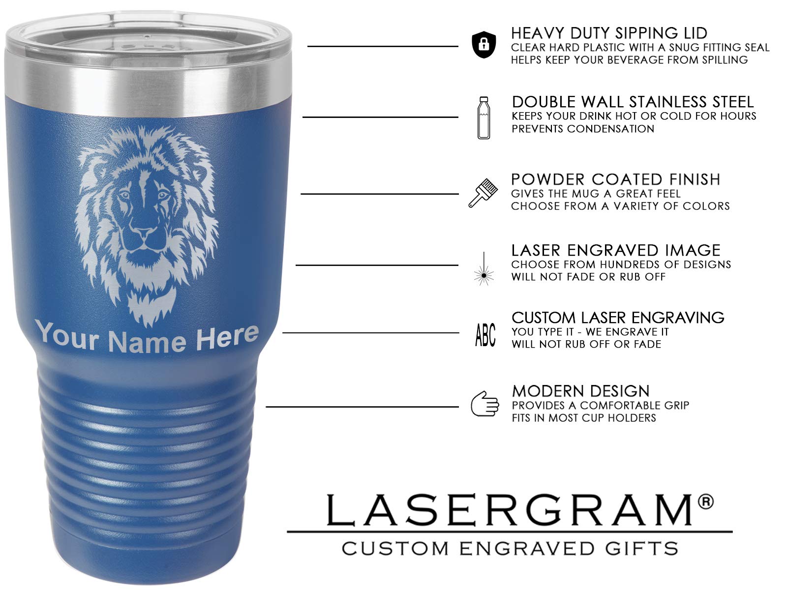 LaserGram 30oz Vacuum Insulated Stainless Steel Tumbler Mug with Bass Fish Design - Personalized Engraving Included (Dark Blue) - Perfect for Outdoor, Camping, Fishing & Office Use