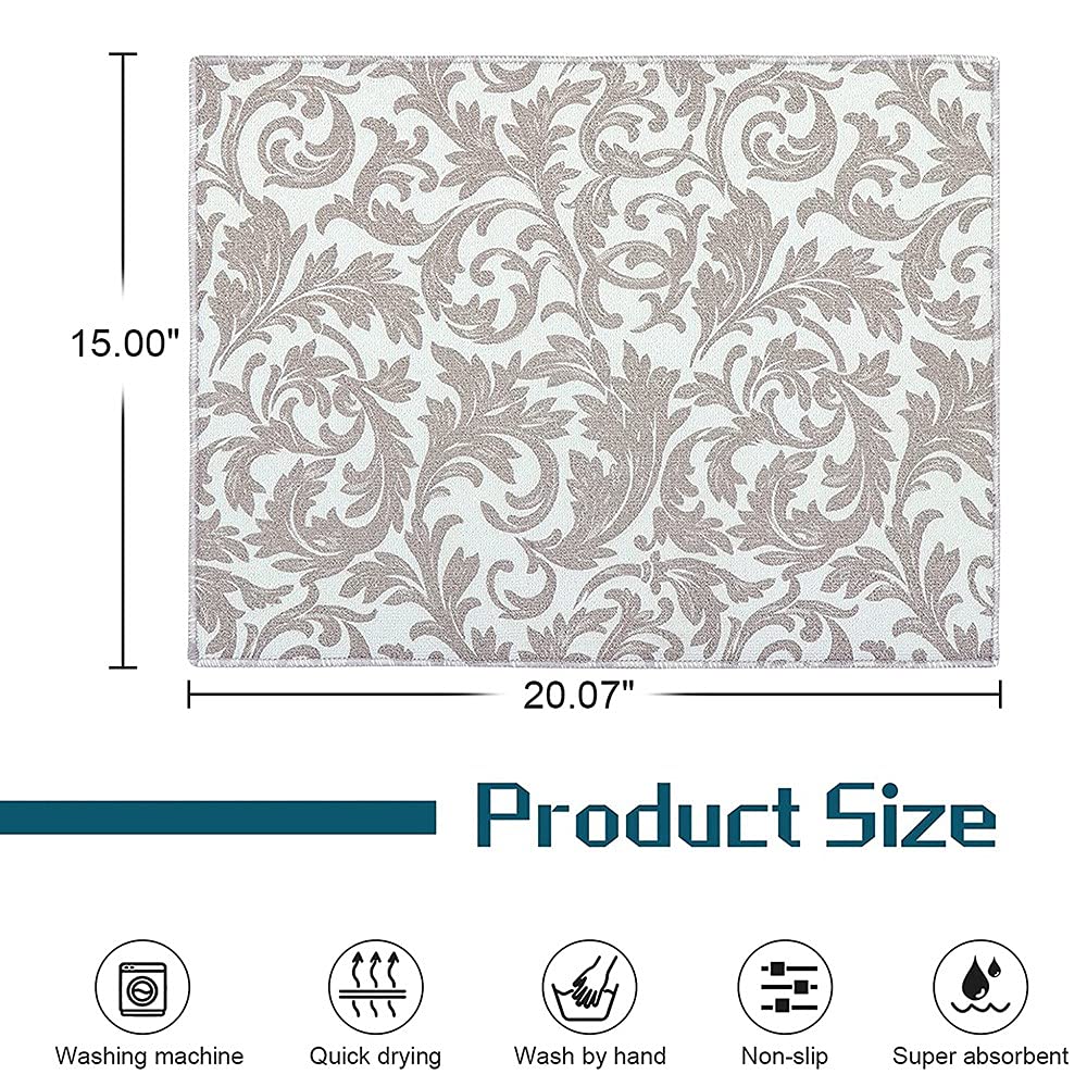 Absorbent Dish Drying Mat - Machine Washable Kitchen Counter Mat (Grey Vine) for Drying Dishes & Utensils