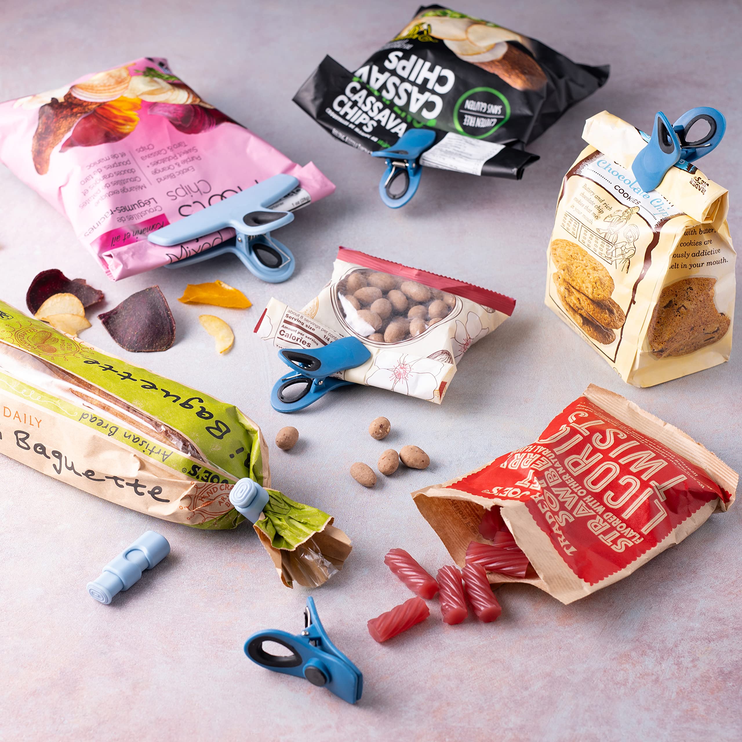 Edge Chip Clips for Food Snack Bags & Storage - Non-Slip Magnetic Back with Loop Holes - 12-Piece Medium Set (BlueJay) - Perfect for Kitchen, Pantry & Picnic Organization