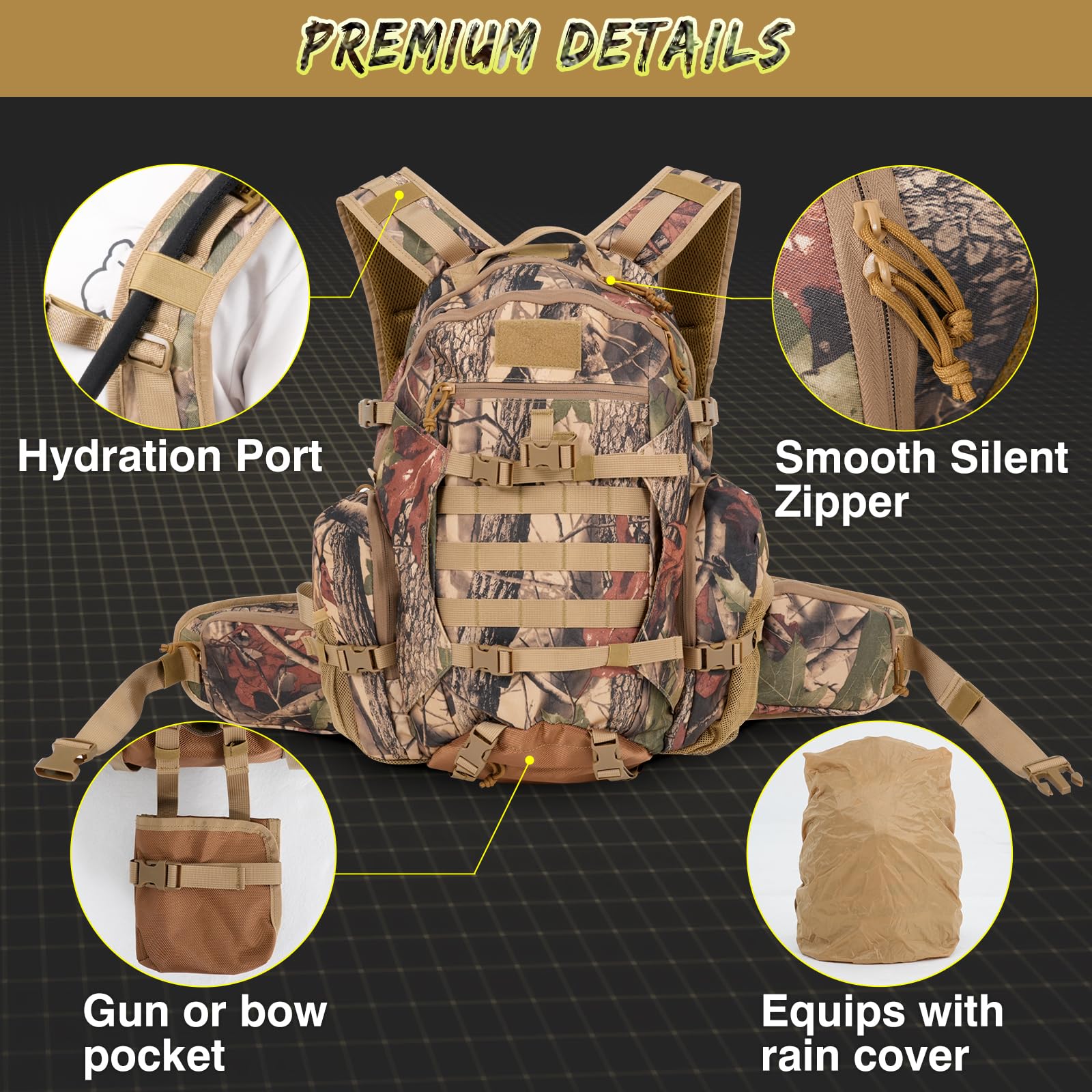 MOPHOTO 900D Waterproof Hunting Backpack for Men - 35L Large Durable Camo Backpack with Bow/Rifle Holder, Rain Cover & Multiple Pockets | Ideal for Hunting, Camping, Hiking & Outdoor Adventures