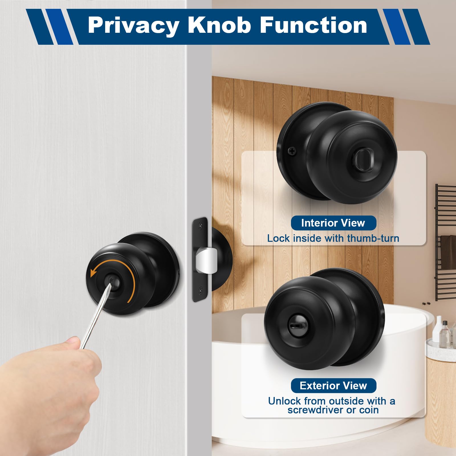 5 Pack Black Privacy Door Knobs - Keyless Interior Door Handles for Bedroom & Bathroom - Easy Install for Left/Right Doors