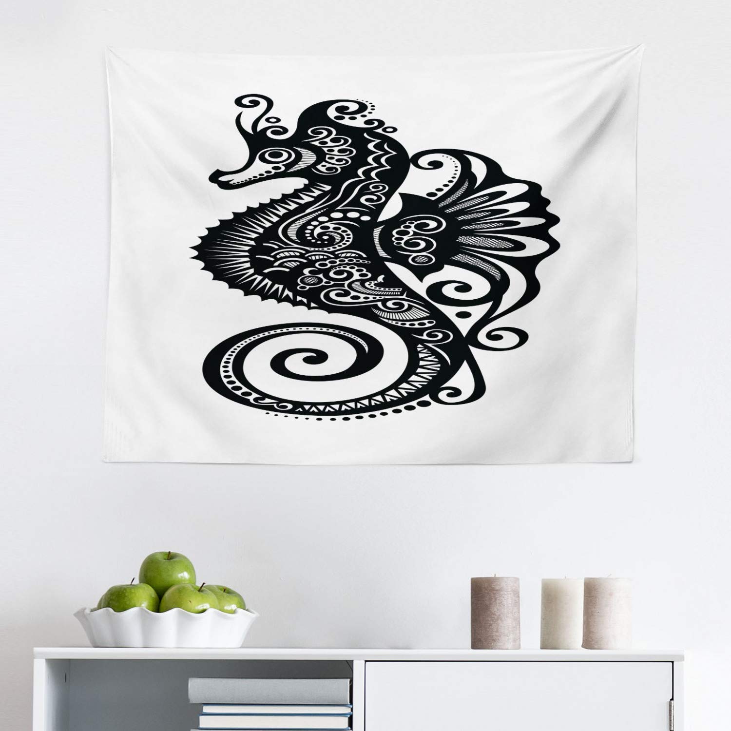 Ambesonne Seahorse Tapestry Wall Art - Black & White Silhouette Seahorse with Swirls Design - 28x23 Inch Fabric Wall Hanging Decor for Bedroom, Living Room, Dorm - Perfect for Boho, Coastal & Nautical Theme Rooms
