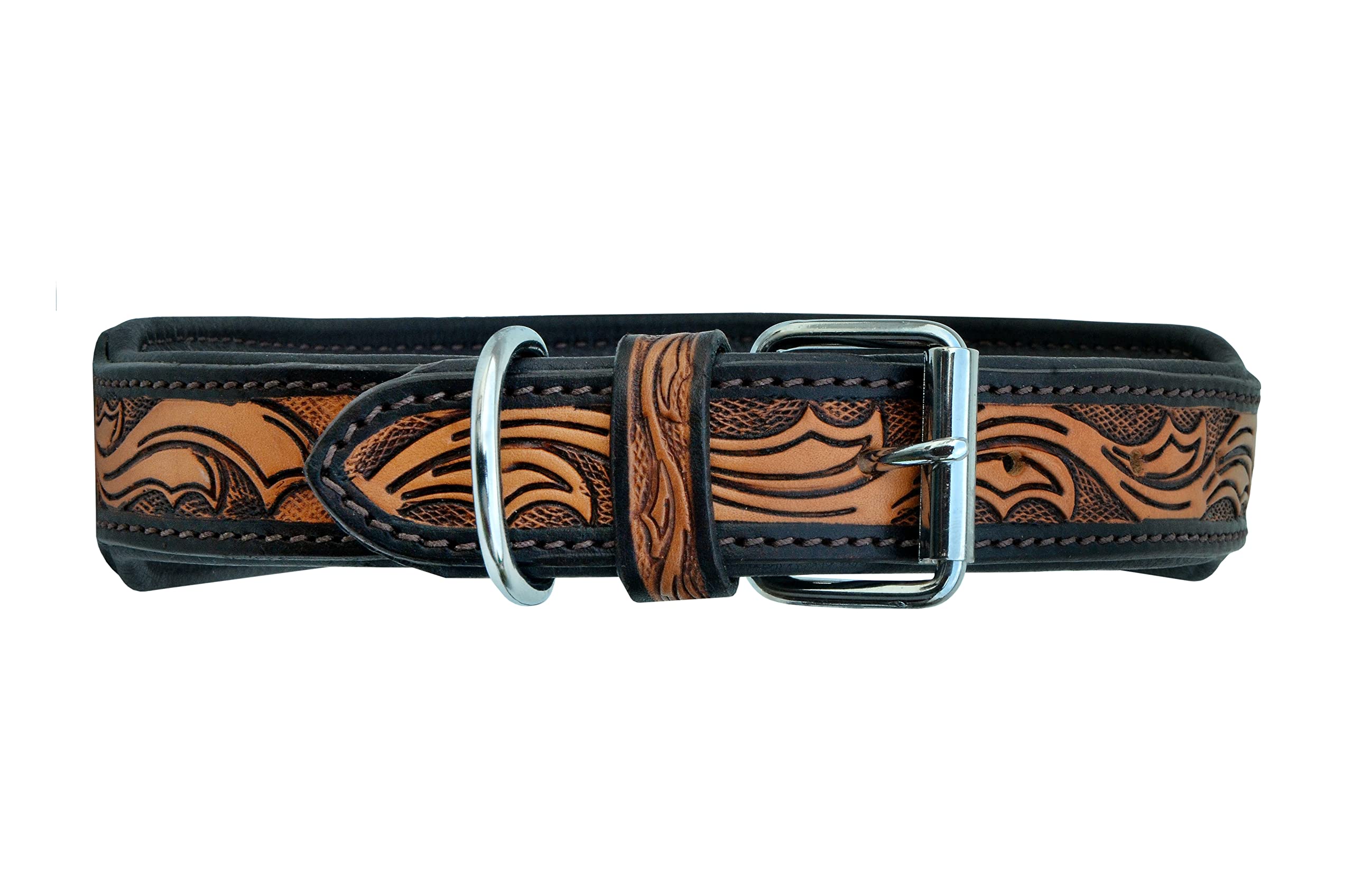 Western Style Heavy Duty Leather Dog Collar - Hand Tooled Beaded & Padded Adjustable Collar for Puppies & Large Dogs | Perfect for Training, Outdoor Adventures & Everyday Walks (10AB019)