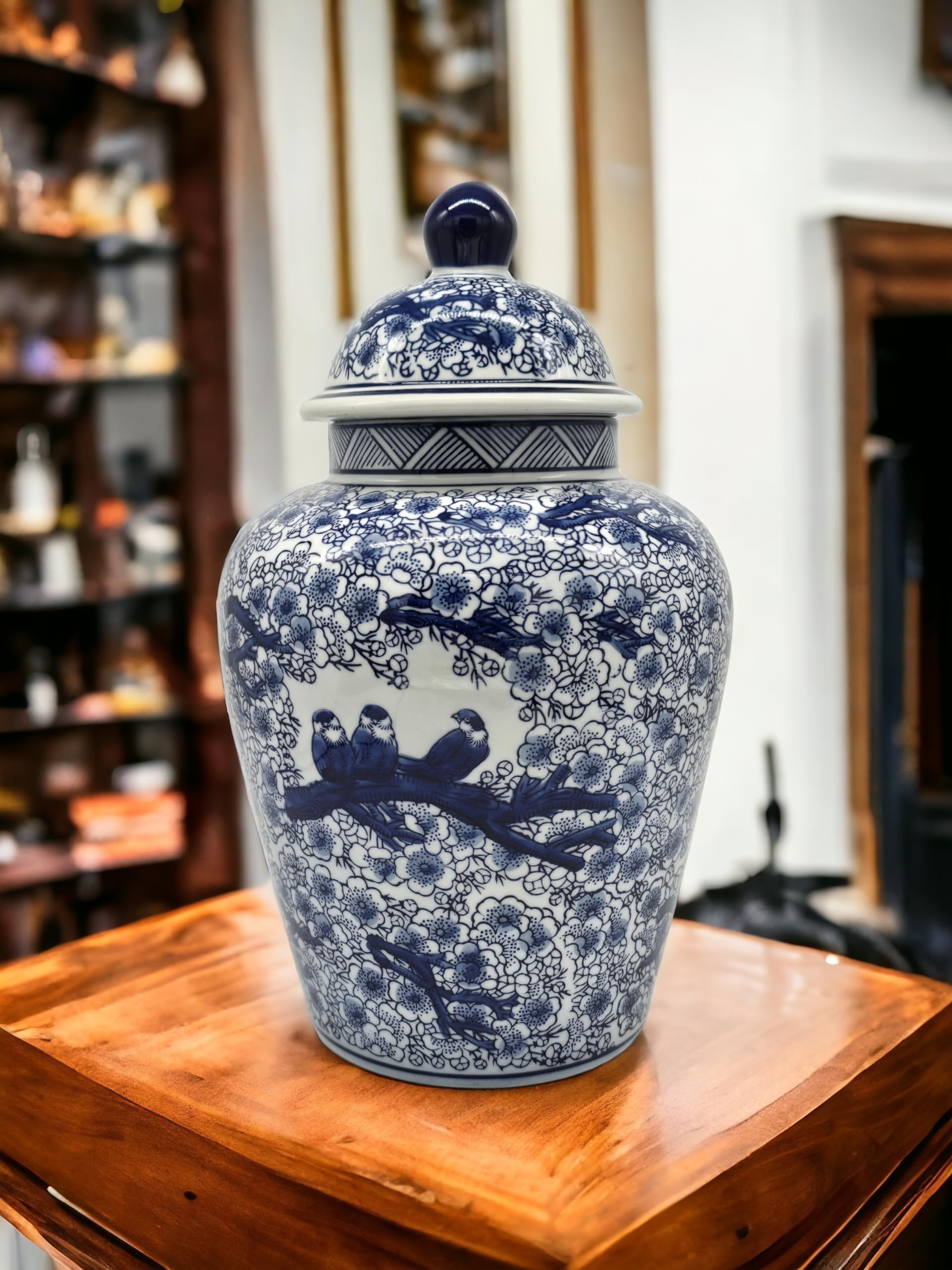 Festcool 12.5 Inch Blue and White Porcelain Floral Ginger Jar Vase - Qing Dynasty Style Blue Bird Decoration | Medium Size Classic Home Decor | Perfect for Living Room, Dining Table, or Office Display