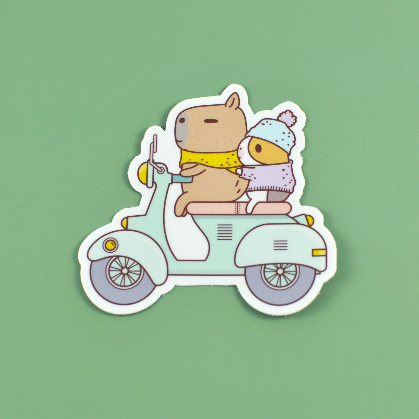 Bubu and Moonch Riding Scooter Vinyl Sticker - Waterproof Decal for Laptops, Bikes, Helmets & Skateboards - Cute Kawaii Stickers for Kids & Adults