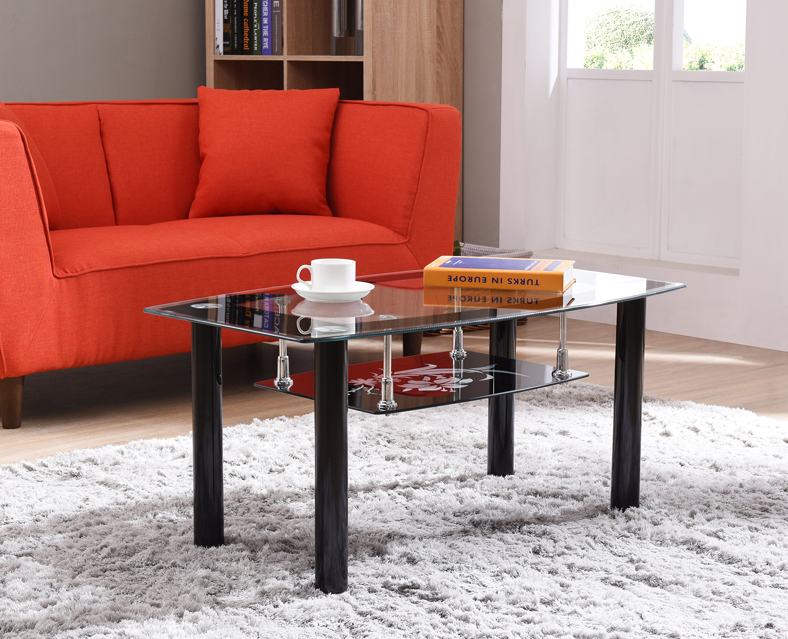 Hodedah 2-Tier Rectangle Tempered Glass Coffee Table - Black | Modern Living Room Furniture for Small Spaces | Perfect for Apartments, Dorms & Home Decor