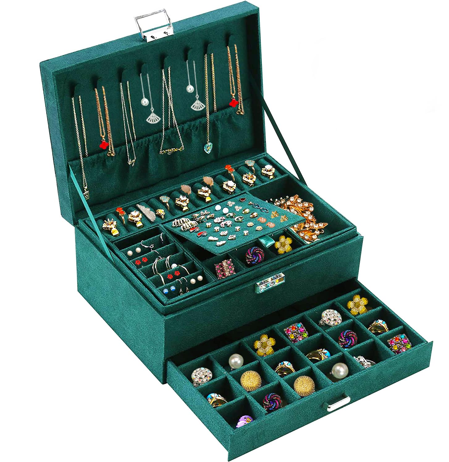 Elegant Green Velvet Jewelry Box with Lock - Women's Jewelry Organizer for Necklaces, Earrings, Rings & Bracelets | Perfect Gift for Teens & Women | Ideal for Travel, Home Storage & Gift Giving