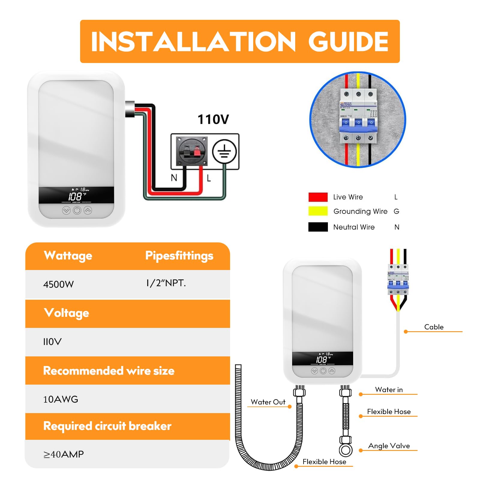 4500W Tankless Electric Water Heater 110V - Instant On-Demand Hot Water System with LCD Touch Screen for Under Sink Installation (White) - Perfect for Small Apartments, RVs, and Office Break Rooms
