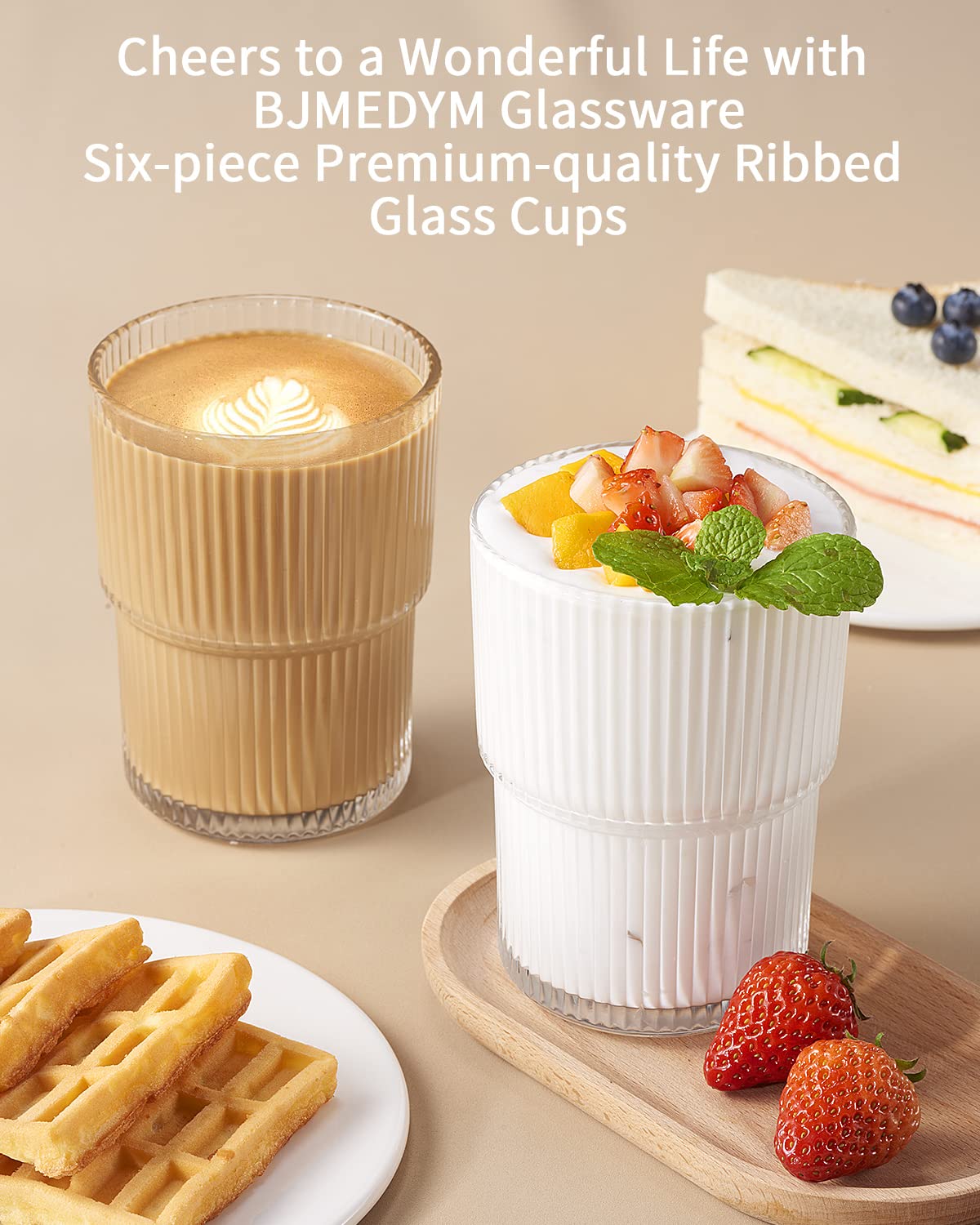 14 Oz Ribbed Drinking Glasses Set of 6 - Vintage Ripple Glass Cups for Iced Coffee, Cocktails & Water | Durable Fluted Glassware for Home Bar, Restaurant & Party Use