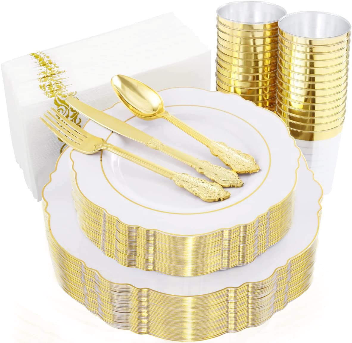 48-Pack 7oz Gold Glitter Plastic Dessert Cups with Spoons - Disposable Gold Party Plates, Silverware & Cups for Birthday, Wedding, Baby Shower & Holiday Events