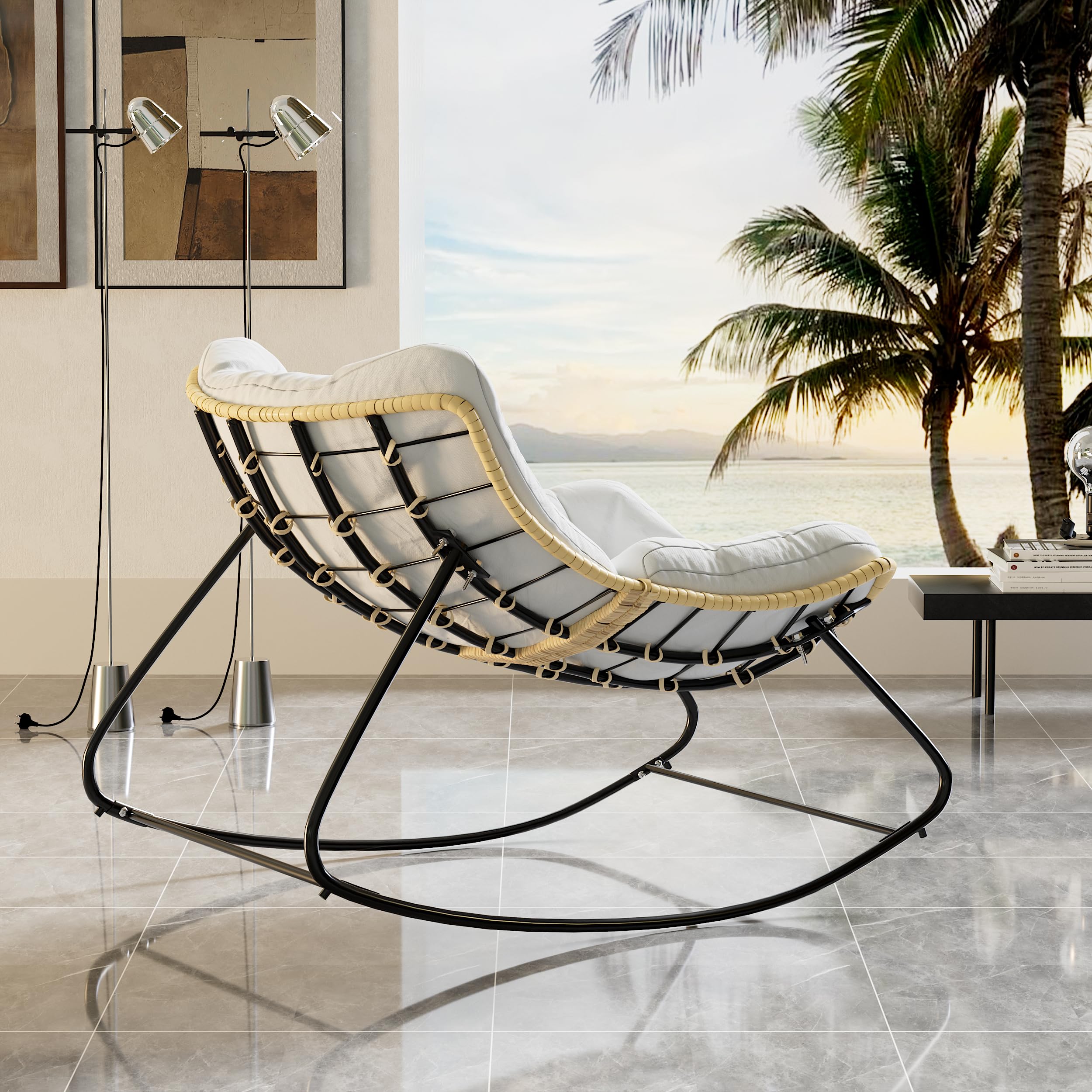 Outdoor Rocking Papasan Chair - Egg Recliner Rocker for Patio, Garden & Porch - White Padded Swing Chair for Relaxing in Bedroom, Living Room or Backyard - Perfect for Reading, Napping & Lounging