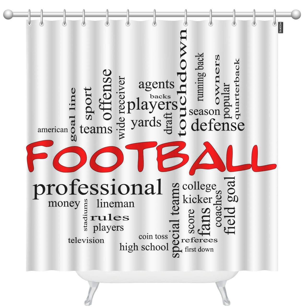Football Themed Shower Curtain Set with 12 Hooks - Touchdown, Season, Quarterback Design - 72 x 78 Inch Modern Bathroom Decor for Sports Fans, Game Day & Man Cave