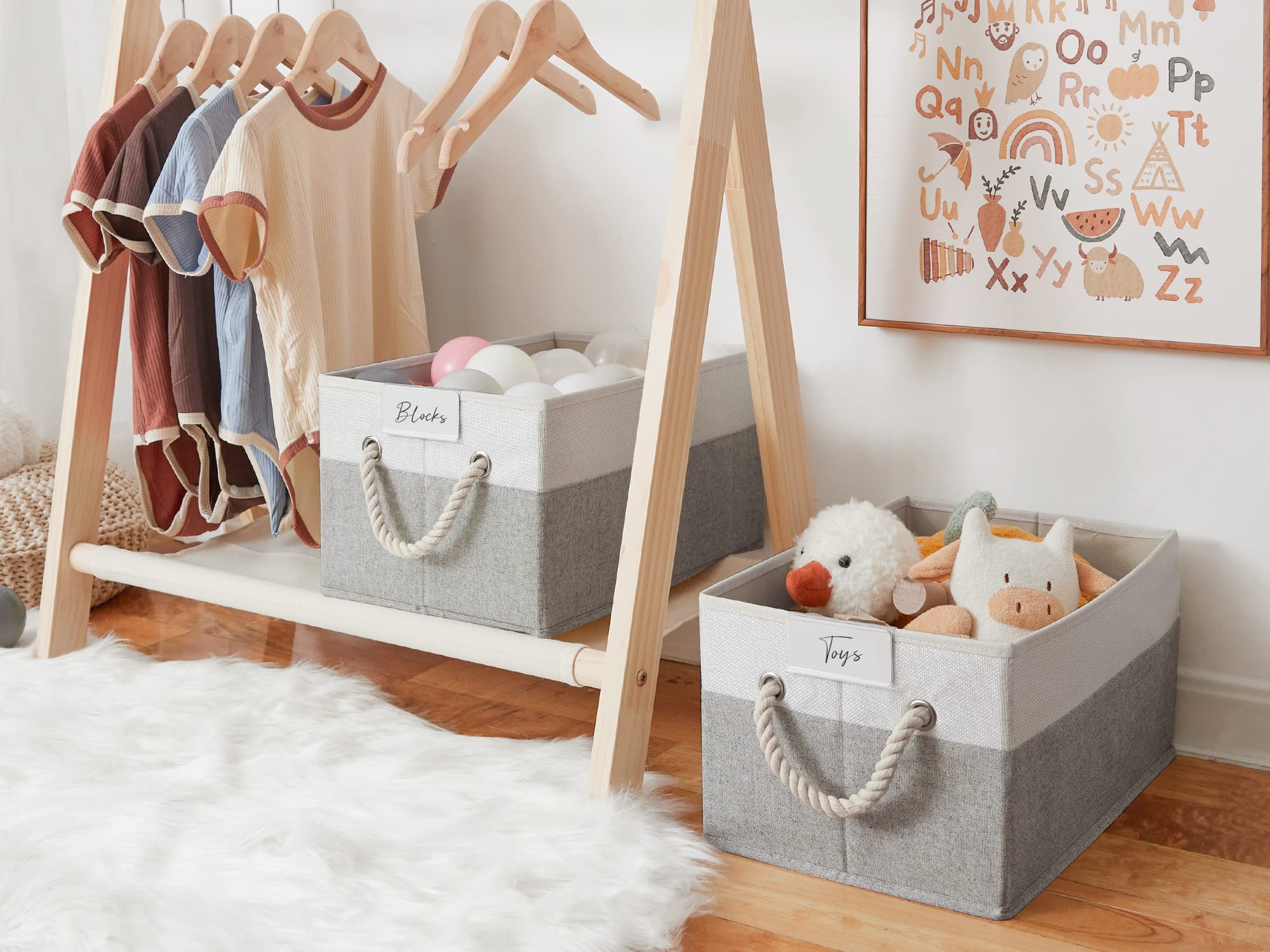 Foldable Fabric Storage Baskets for Shelves & Closet - Large Canvas Organizer Bins with Cotton Rope Handles (Beige & Gray, 2-Pack) - Perfect for Clothes, Toys & Home Organization