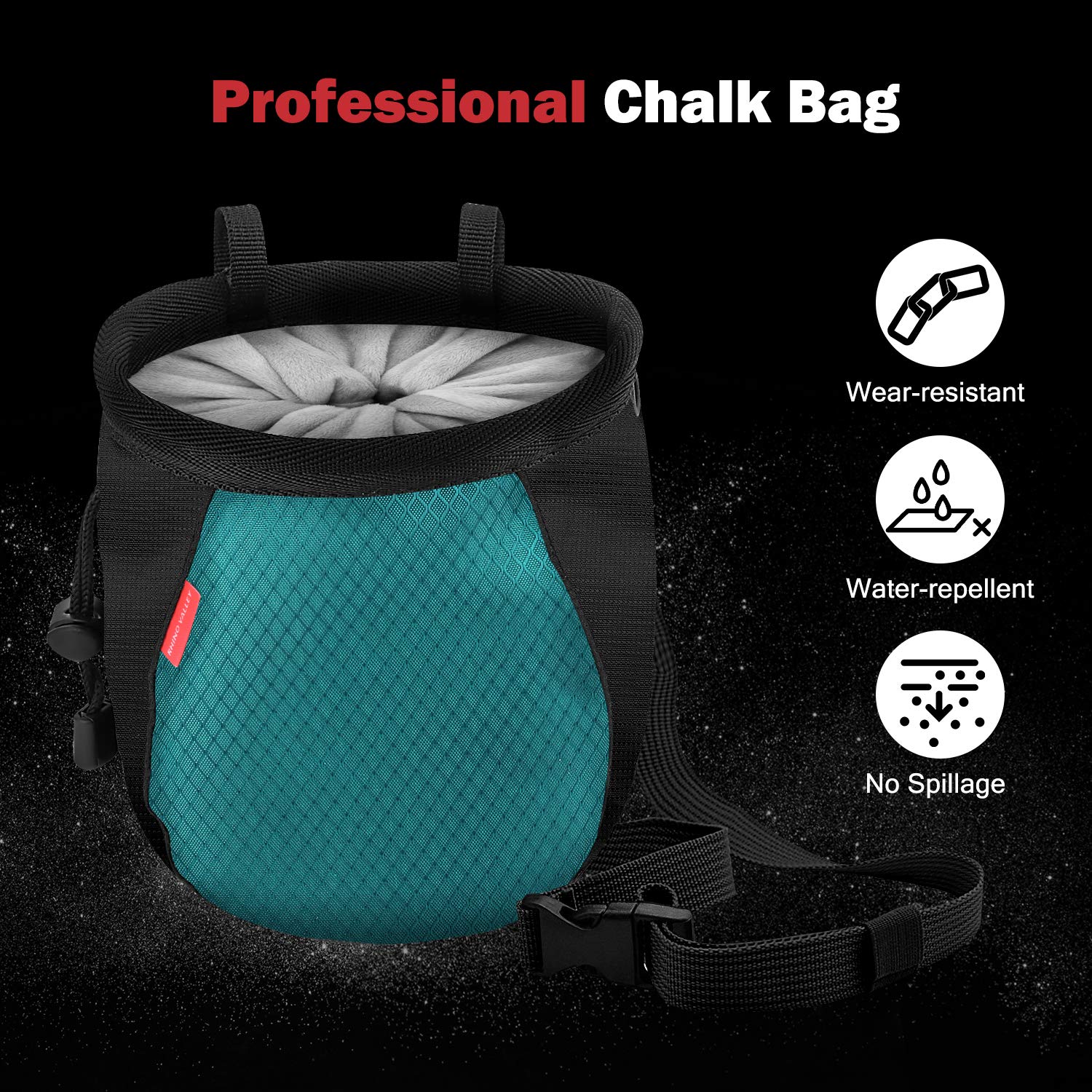 **Rhino Valley No-Leak Climbing Chalk Bag with Adjustable Belt, Carabiner Clip & Zippered Pockets – Perfect for Rock Climbing, Bouldering, CrossFit, Weightlifting & Gymnastics**