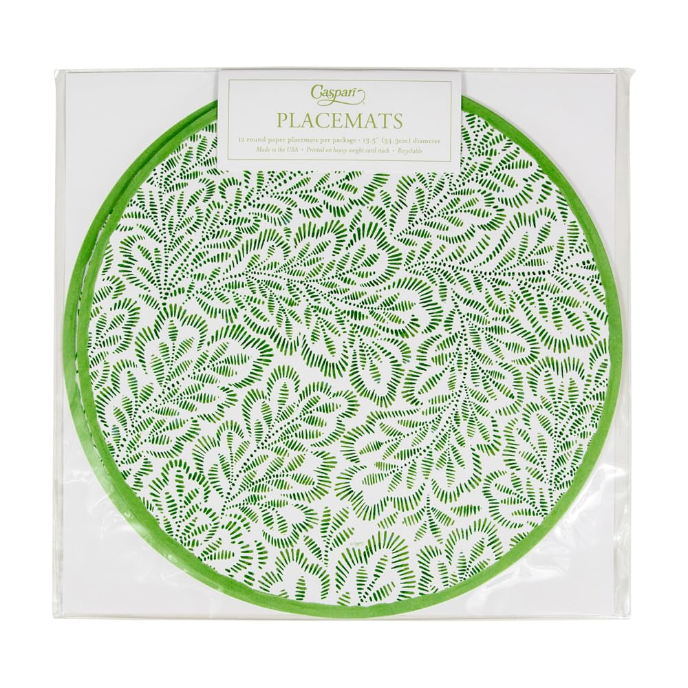 Eco-Friendly Caspari Block Print Leaves Round Paper Placemats - Set of 48 Green Decorative Placemats for Dining Table, Party & Home Decor