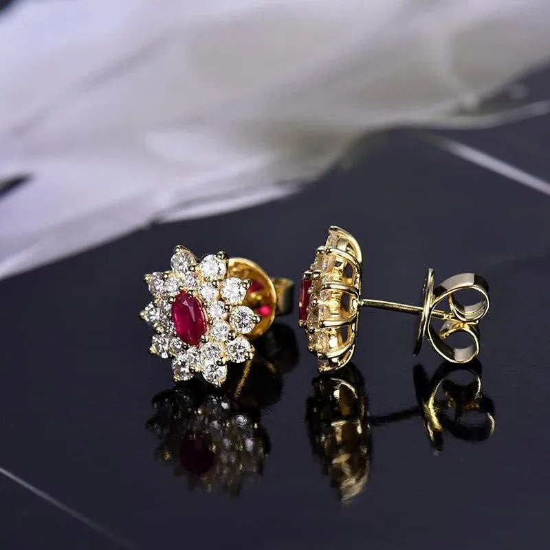 18K Yellow Gold Stud Ruby Earrings for Women - 1.64Ct Oval Natural Ruby with Diamonds, Elegant Engagement & Party Jewelry | Perfect for Weddings, Anniversaries, and Special Occasions