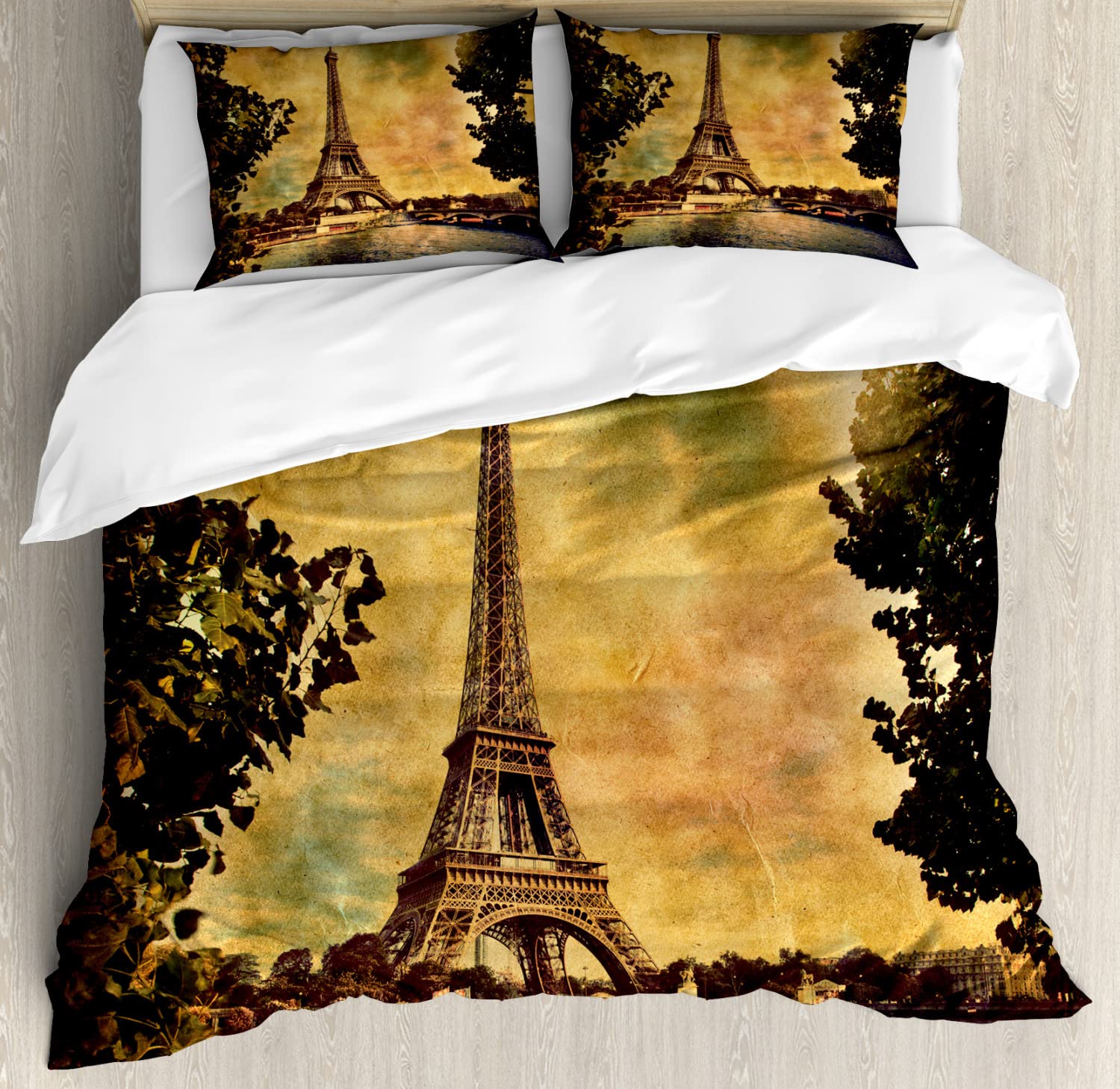 Ambesonne Eiffel Tower Duvet Cover Set - Queen Size 2-Piece Bedding with 4 Pillowcases, Oil Painting Design of Parisian Landscape with Trees & River Bridge - Brown Mustard Color for Cozy Bedroom Decor | Perfect for Guest Rooms, Vacation Homes & Paris-Themed Bedrooms