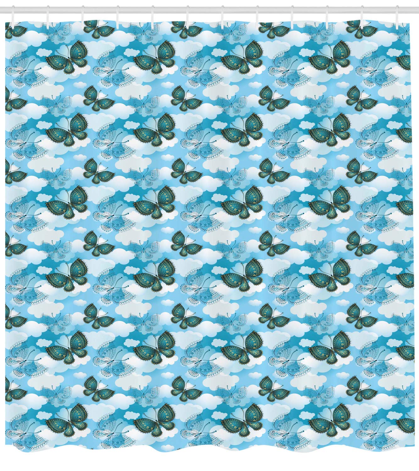 Ambesonne Butterfly Shower Curtain - Floral Ornamental Moths Design with Clouds on Sky Blue & Dark Teal Fabric - Waterproof Bathroom Decor Set with Hooks - Perfect for Vintage & Boho Style Bathrooms