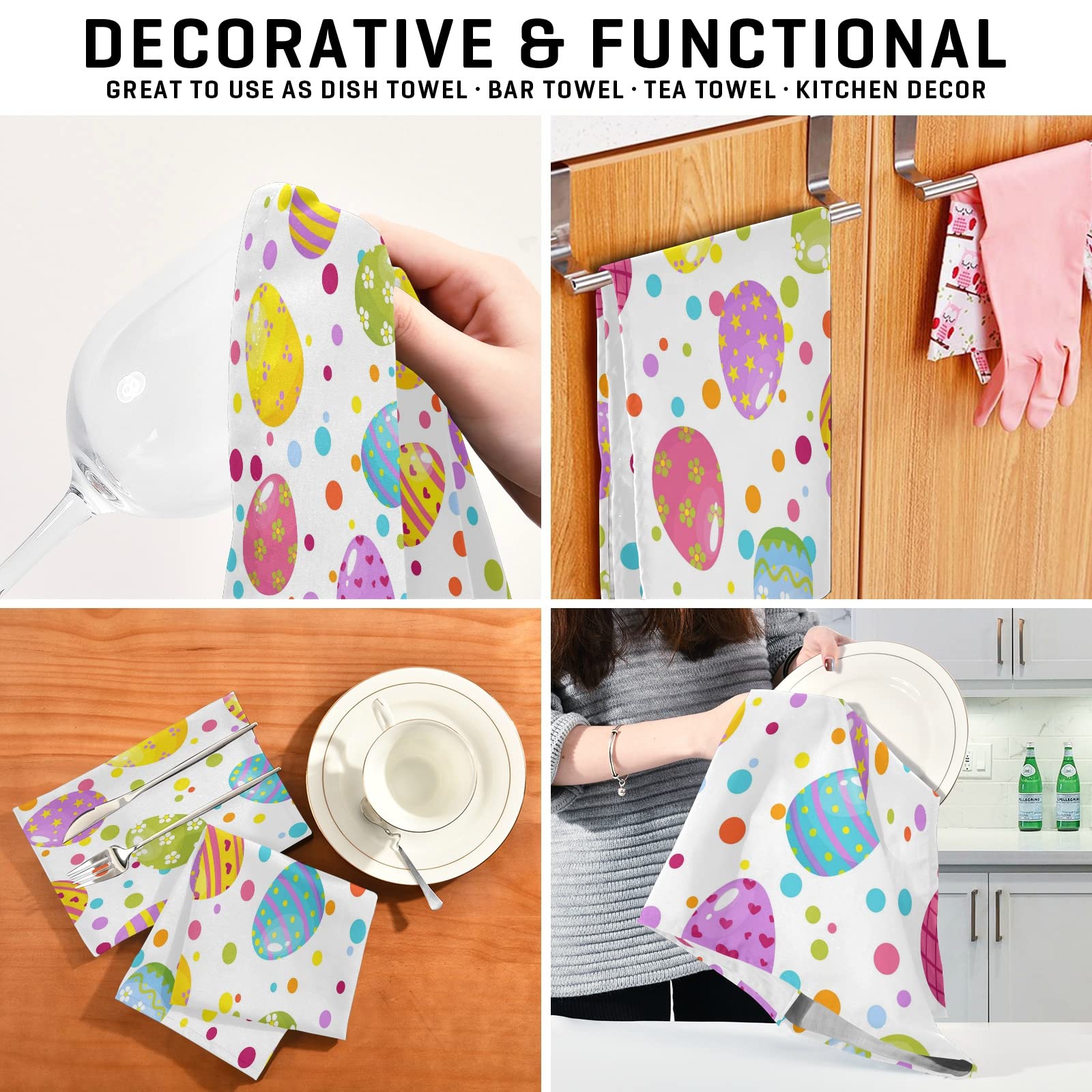 ALAZA Happy Easter Polka Dot Egg Kitchen Towels Set of 4 - Super Absorbent Soft Dish & Tea Towels (18x28 Inches) - Perfect for Spring Cleaning, Holiday Decor & Kitchen Essentials