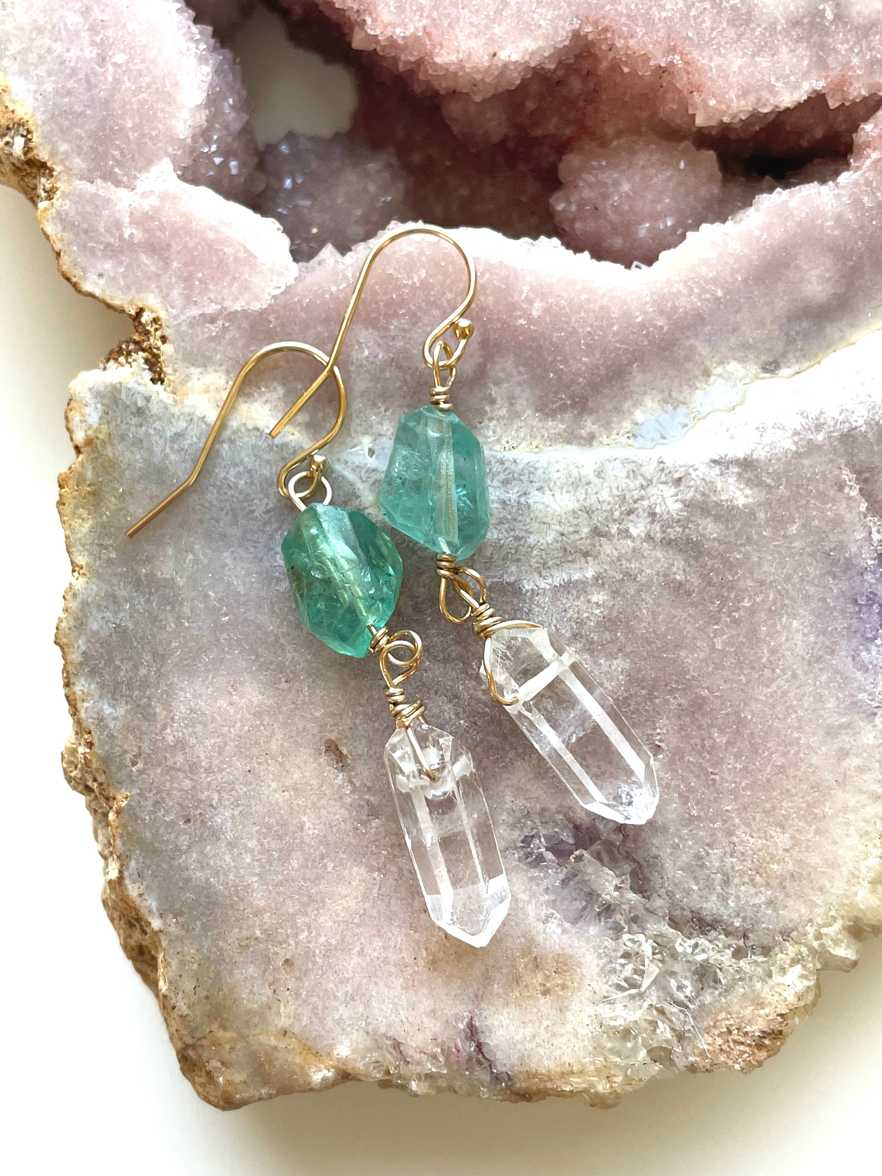 Natural Apatite & Clear Quartz Crystal Earrings in 14K Gold Fill - Elegant Healing Jewelry for Women, Perfect for Everyday Wear, Meditation & Gifting