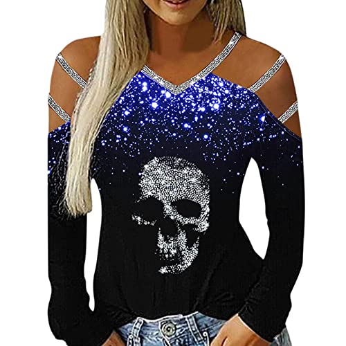 Women's Long Sleeve V-Neck Cold Shoulder Shining Printed Top - Casual T-Shirt Blouse for Women (Blue, Size S) | Perfect for Date Night, Office Wear & Weekend Outfits