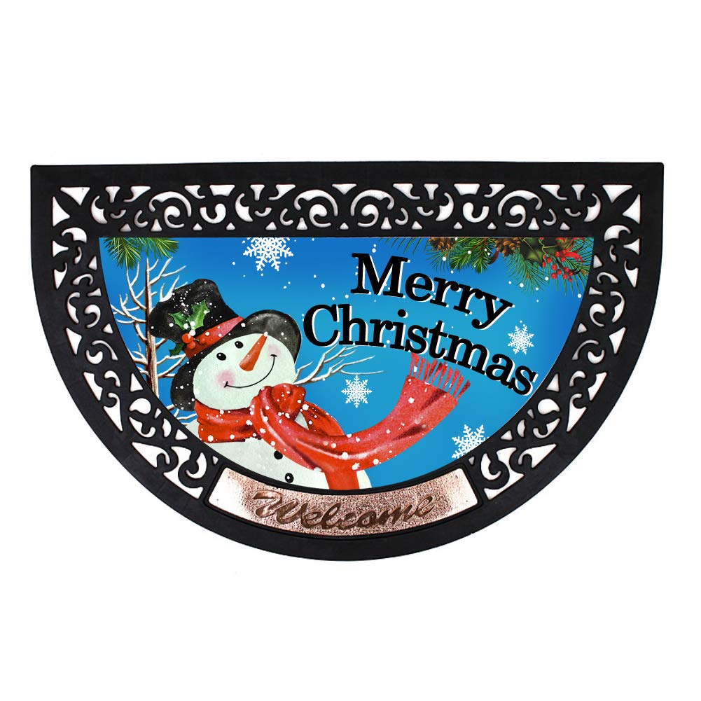 Half Round Christmas Doormat - Non-Slip Holiday Welcome Mat with Snowman & Snowflakes Design for Indoor/Outdoor Use - Perfect for Front Door, Porch, and Holiday Decorations