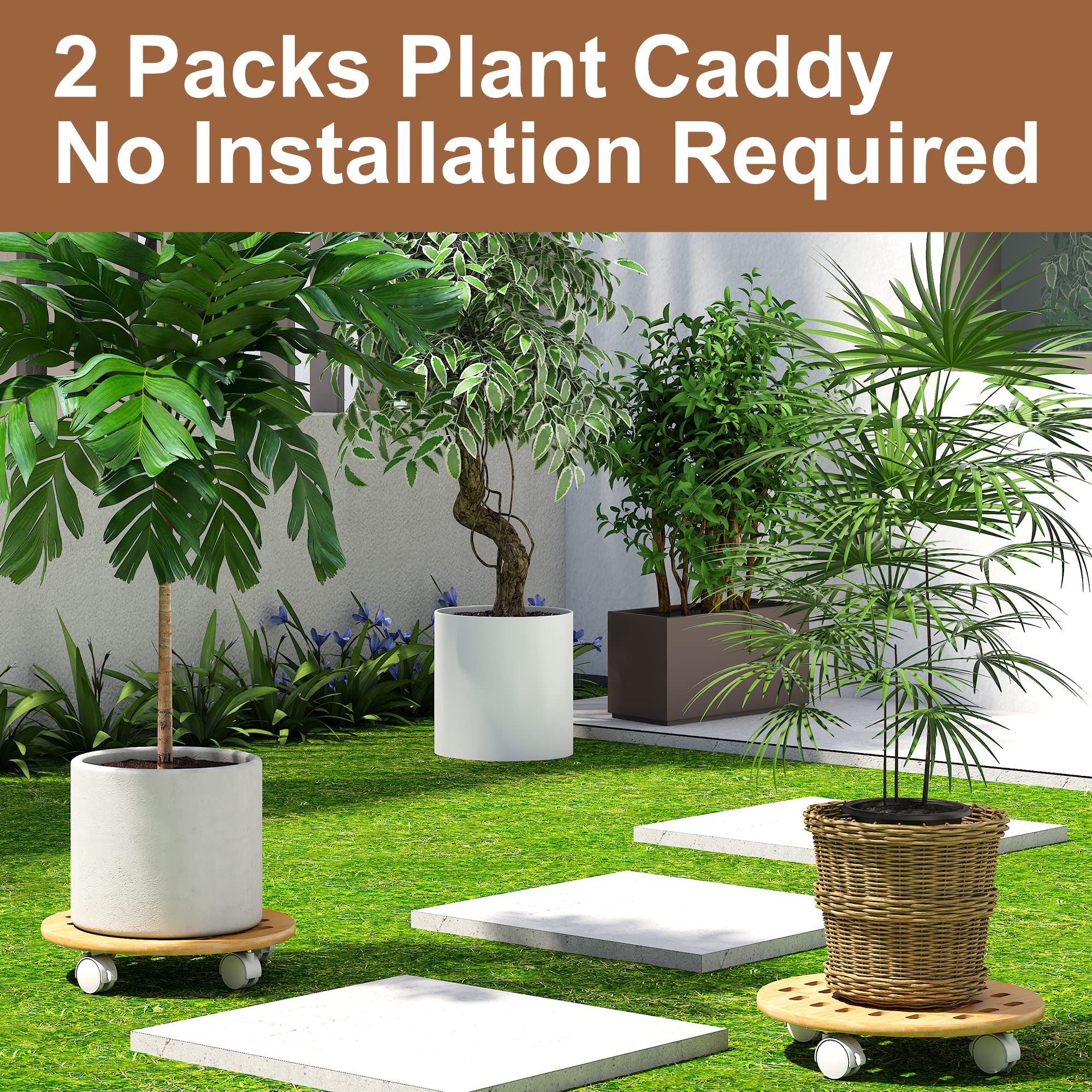 FILWH 13 Inch Bamboo Plant Caddy with 360° Lockable Wheels - 2 Pack Indoor/Outdoor Plant Stand with Pulley System - Natural Corner Display Shelf for Home Decor, Garden, Office & Patio
