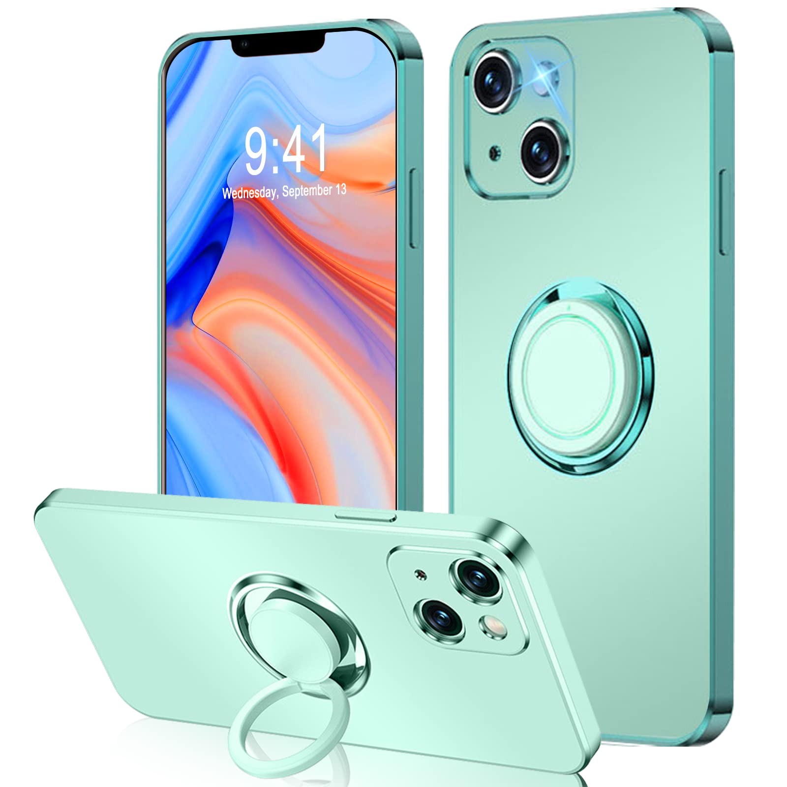 Magnetic Kickstand iPhone 13 Case - Shockproof Slim Silicone Cover with Ring Holder for Women (6.1 Inch, Mint Green) - Perfect for Hands-Free Viewing, Gym Workouts & Daily Protection