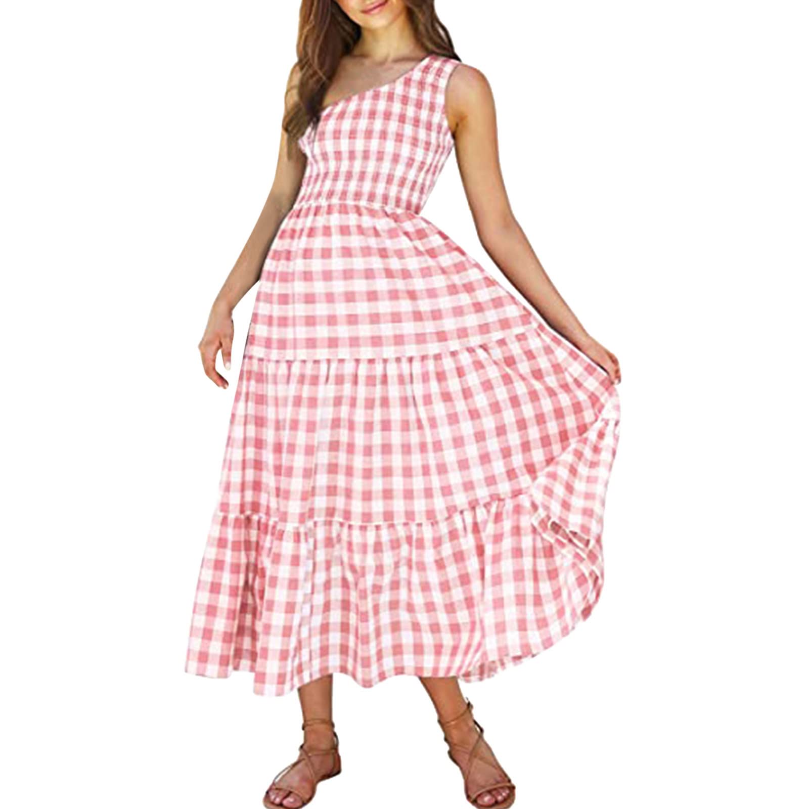 Women's Casual Plaid Print Summer Boho One Shoulder Sleeveless T-Shirt Dress - Perfect for Beach Vacations, Music Festivals & Summer Outings