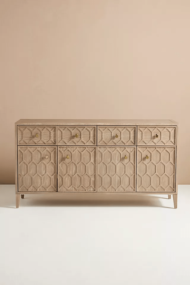 Hand Carved Textured Trellis Buffet Sideboard - Natural Wood Dining Room Buffet Cabinet for Farmhouse & Rustic Decor | Perfect for Dining Room Storage, Entryway Organizer, or Living Room Display