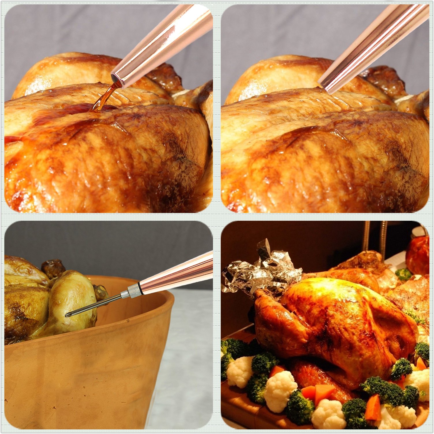 Premium Stainless Steel Turkey Baster with Silicone Bulb - FDA Approved Commercial Grade Kitchen Utensil Set Includes Marinade Injector & Cleaning Brush (Rose Gold) - Perfect for Thanksgiving, Roasting, Grilling & Basting Meats