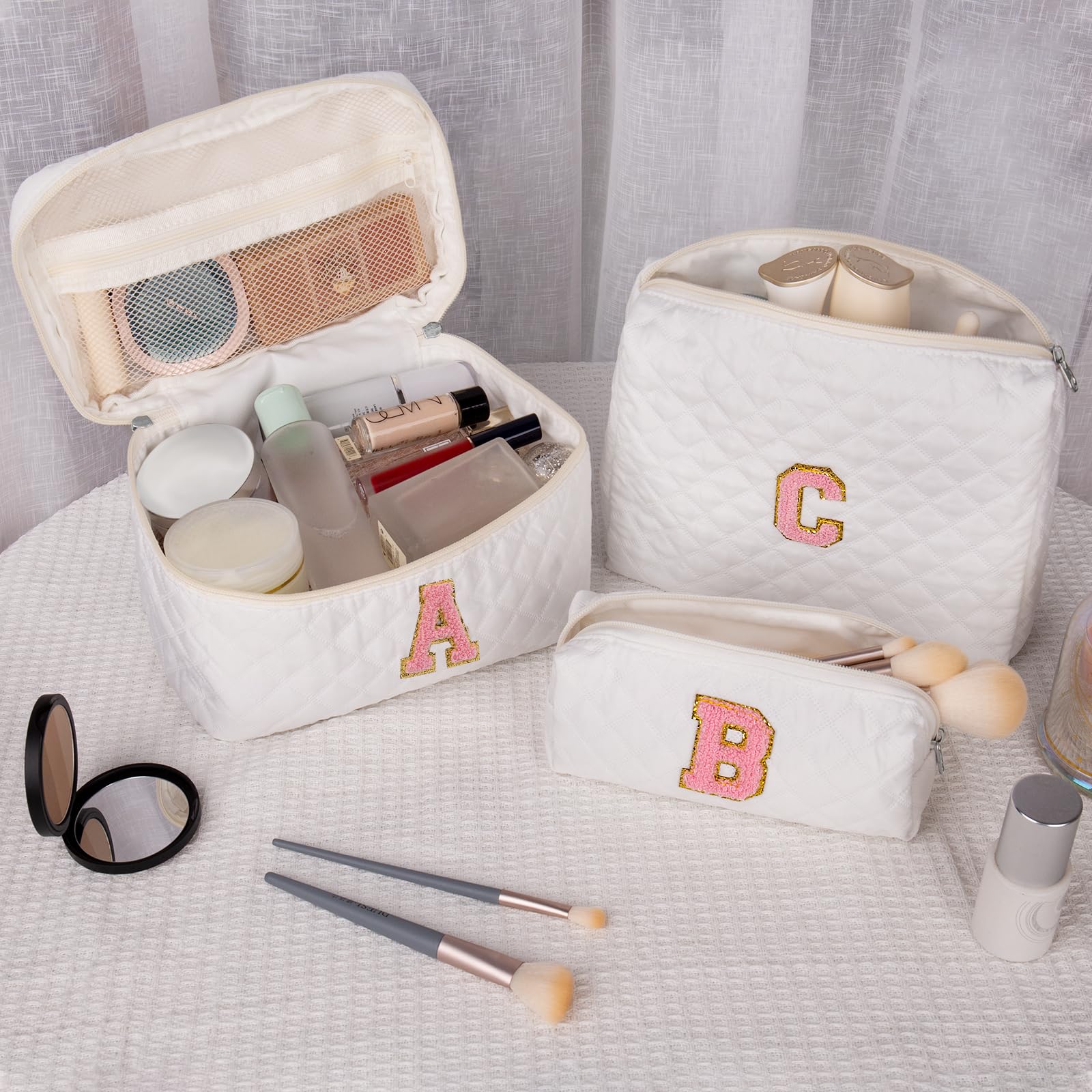 Quilted Makeup Bag for Women - Large Personalized Cosmetic Bag with Initial, Cute Cotton Travel Toiletry Organizer | Perfect Gift for Girlfriend, Wife, Sister, Teen Girls | Great for Travel, Gym, and Daily Makeup Storage