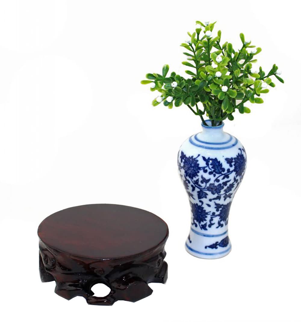 Solid Wood Rosewood Carved Vase Stand with Stone Base - 4.3 Inch Round Planter & Teapot Pedestal for Home Decor, Table Centerpiece, and Plant Display