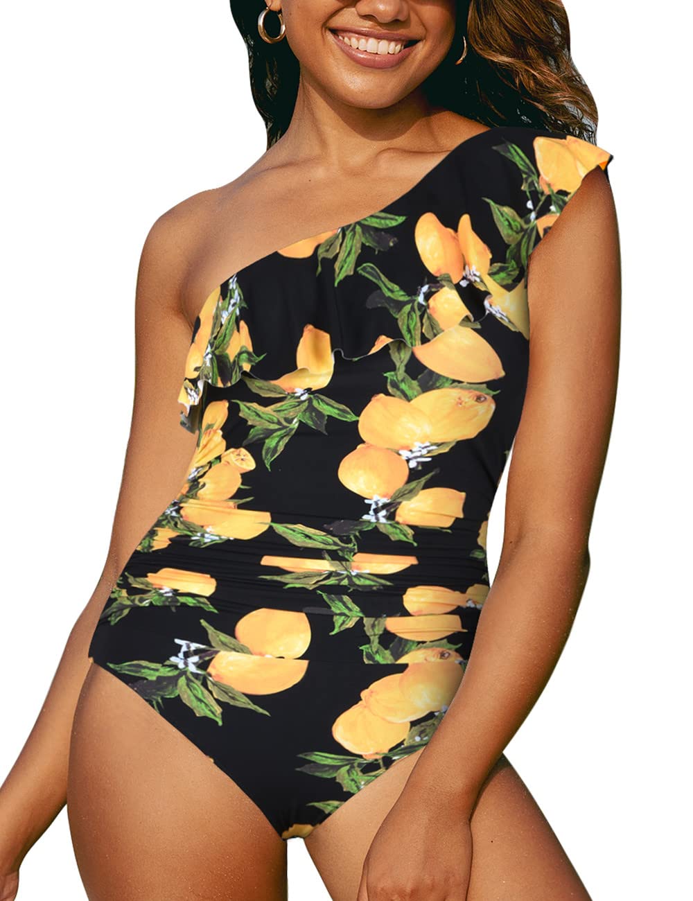 Hilor Women's One Shoulder Asymmetric Ruffle Monokini Swimsuit - Sexy One Piece Bathing Suit for Beach, Pool & Summer Vacations
