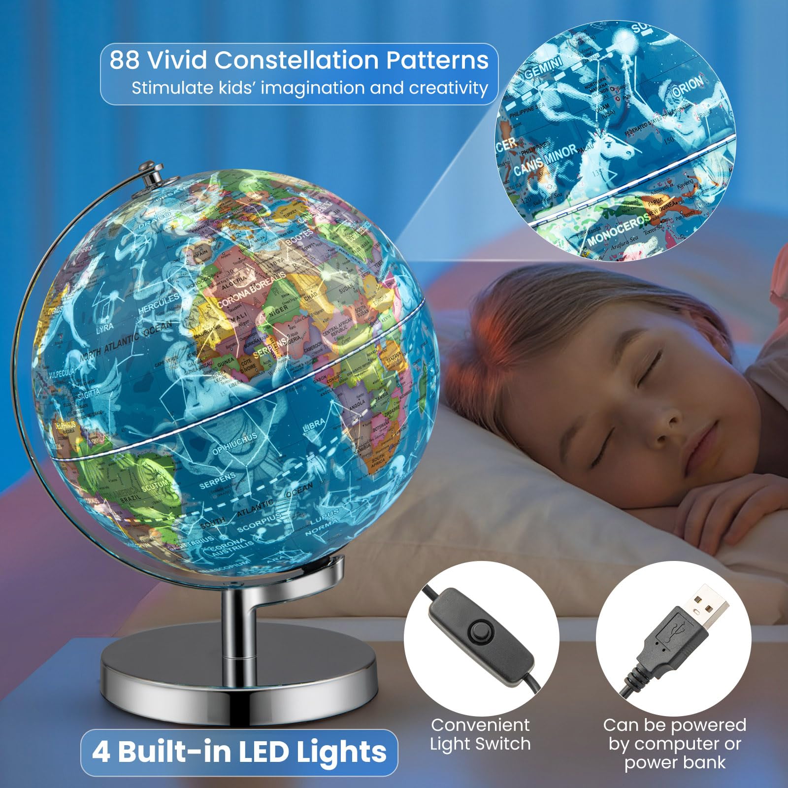 Goplus 9-Inch Illuminated World Globe with Stand - Rotating 3-in-1 Educational Globe with Constellation Stars & LED Night Light - Perfect for Geography Learning, Classroom Decor, Office Display, and Kids Bedroom Night Light