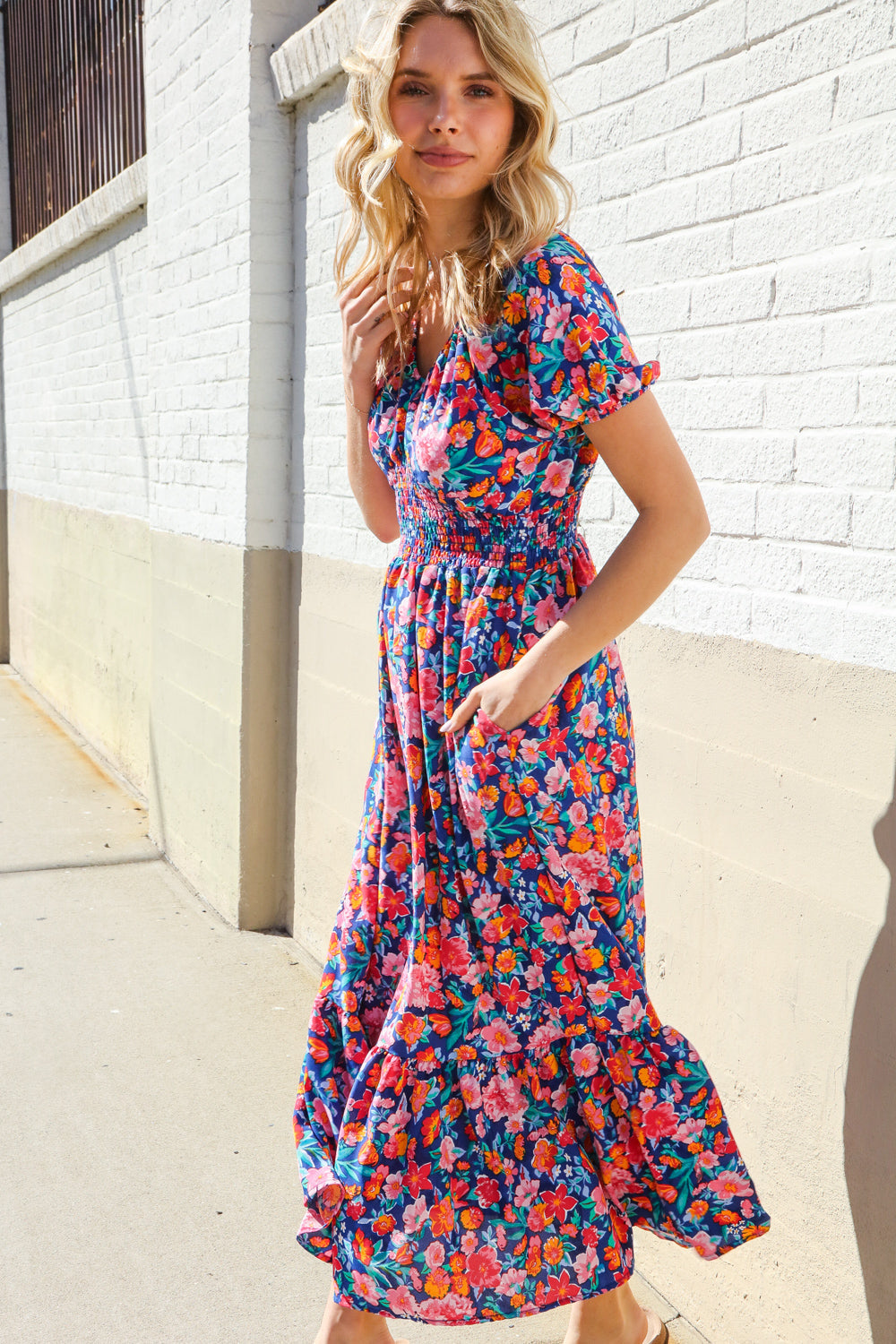 Blue Floral Puff Sleeve V-Neck Smocked Waist Maxi Dress - Romantic Ruffle Raglan Dress for Women | Perfect for Date Night, Wedding Guest Outfits & Summer Vacations